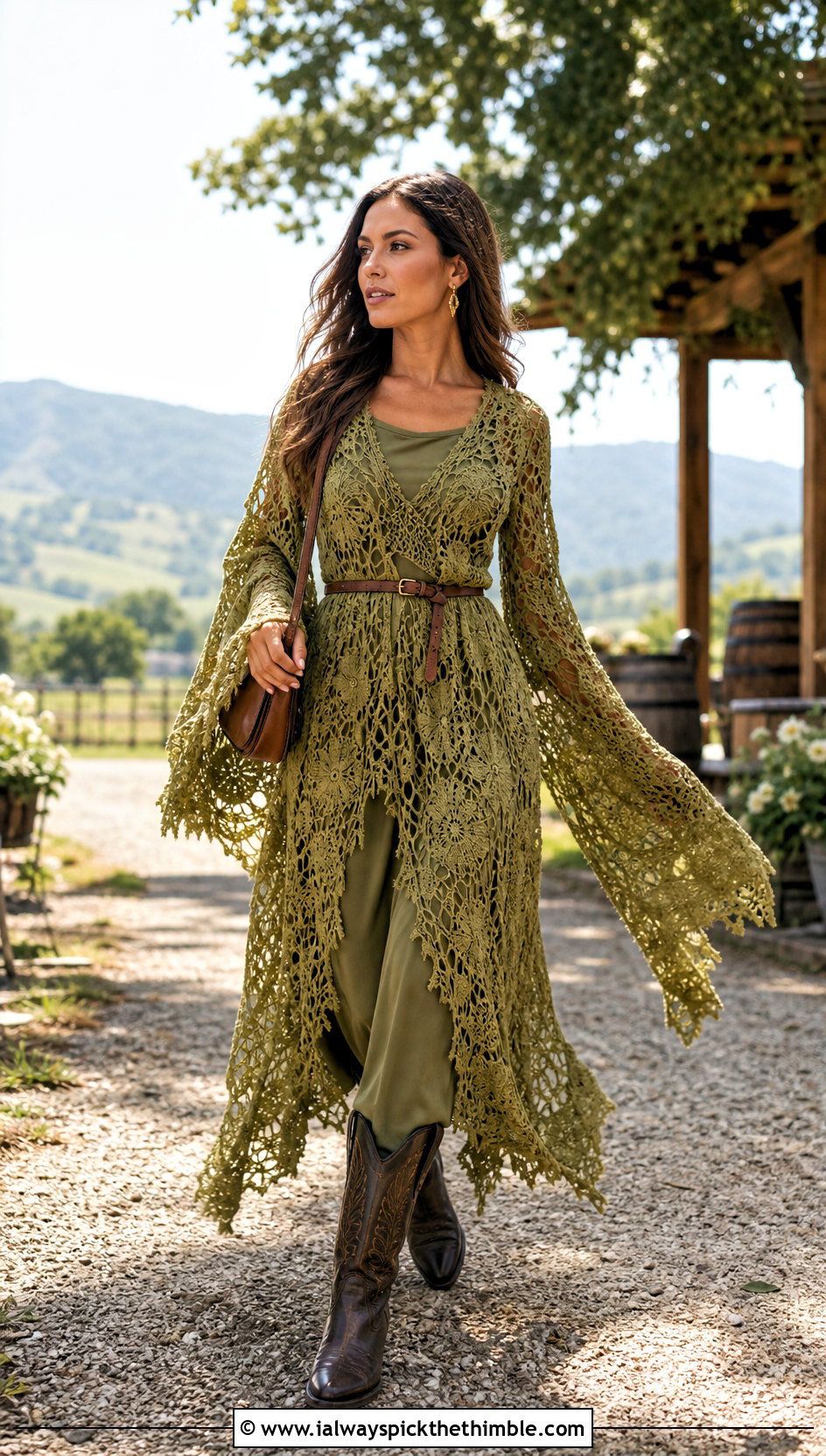 Bell Sleeve Distressed Crochet Maxi Dress With Cowboy Boots - 20 Distressed Crochet Dress outfit ideas