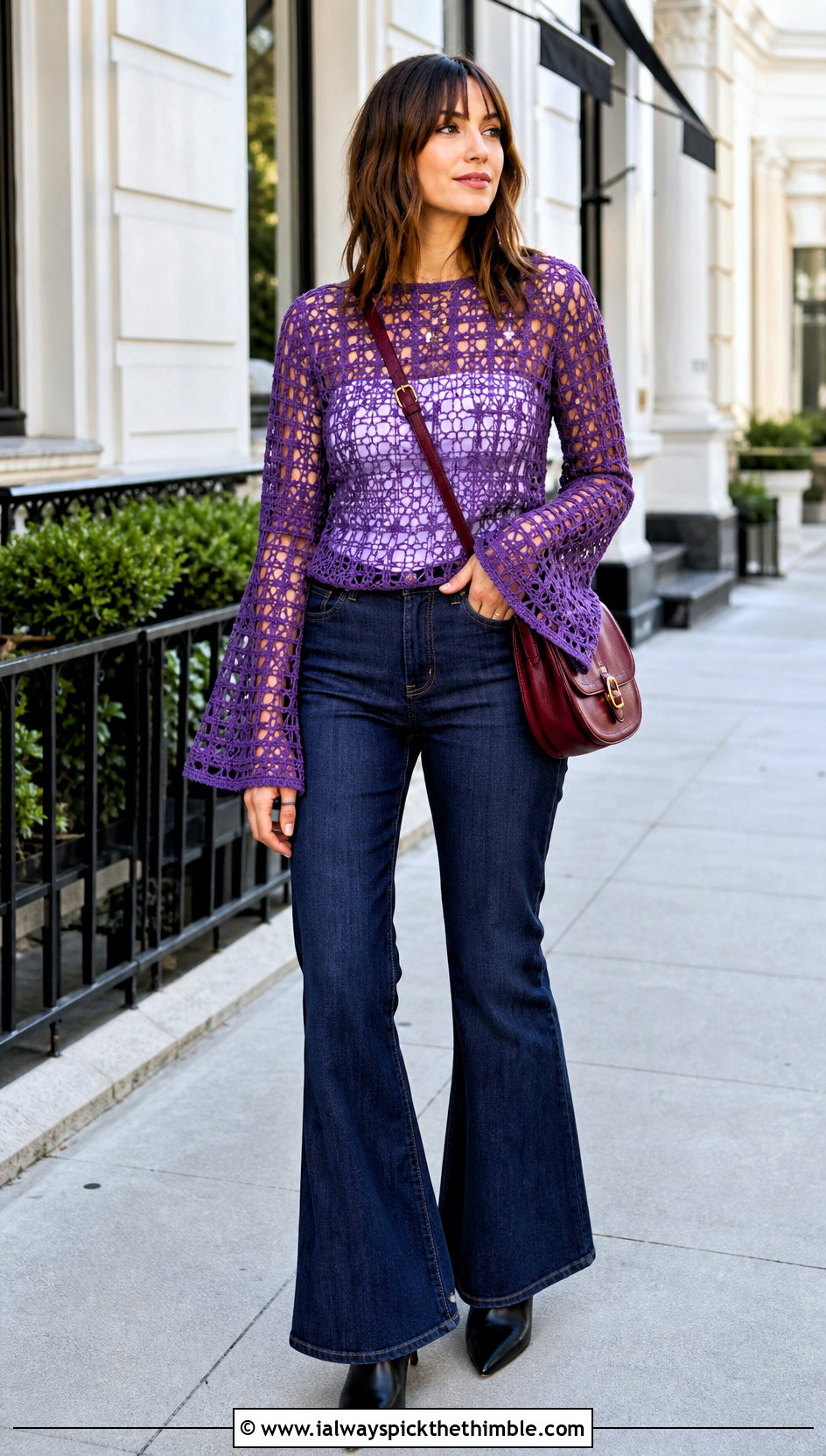 Bell Sleeve Filet Crochet Blouse With Flared Jeans - 20 filet crochet shirt outfit ideas