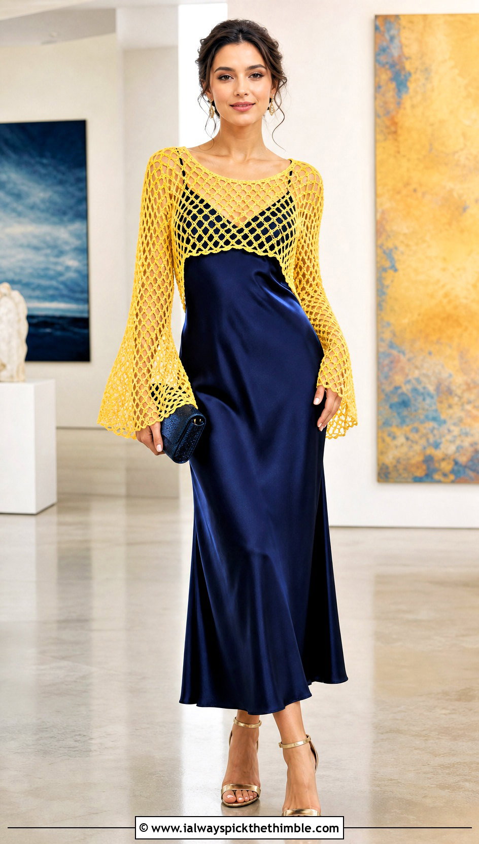 Bell Sleeve Fishnet Crochet Top Over a Slip Dress - 25 crochet fishnet top outfit ideas