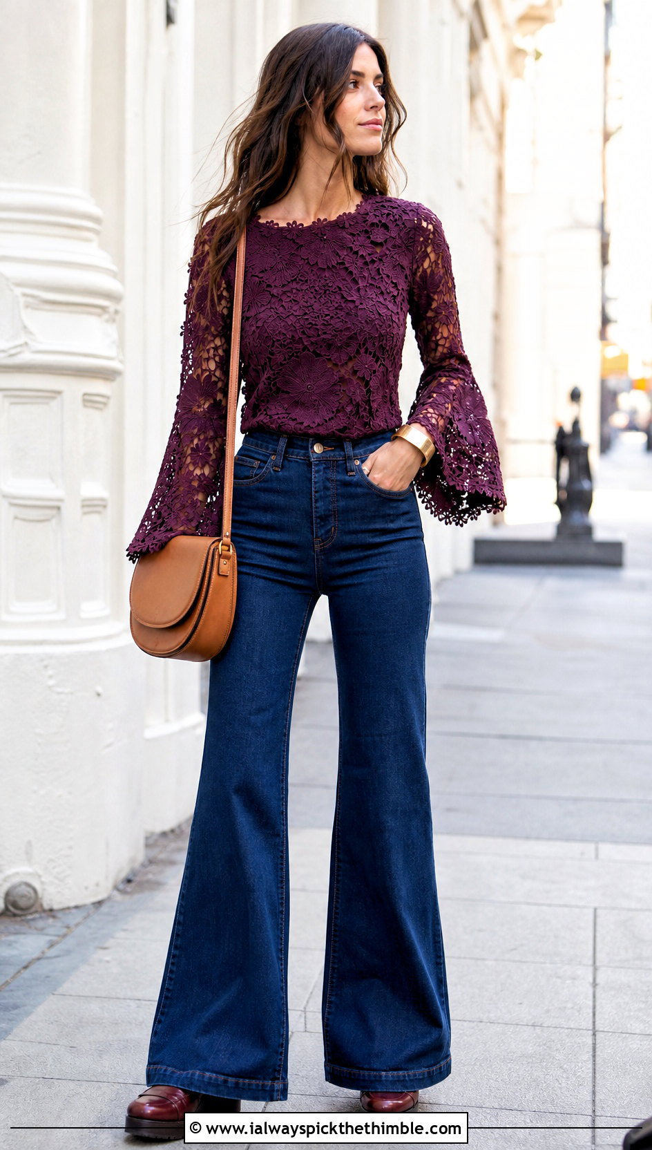 Bell Sleeve Floral Lace Blouse With Flared Jeans - 20 crochet floral lace top outfit ideas