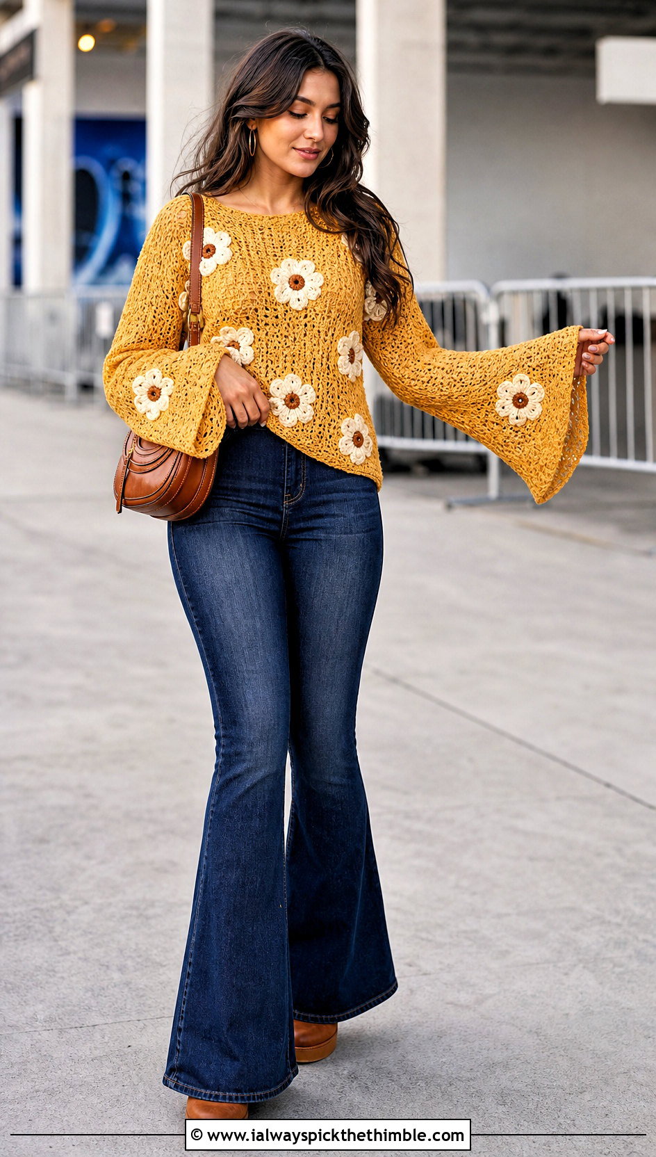 Bell Sleeve Flower Sweater With Flared Jeans - 25 crochet sweater with flowers outfit ideas