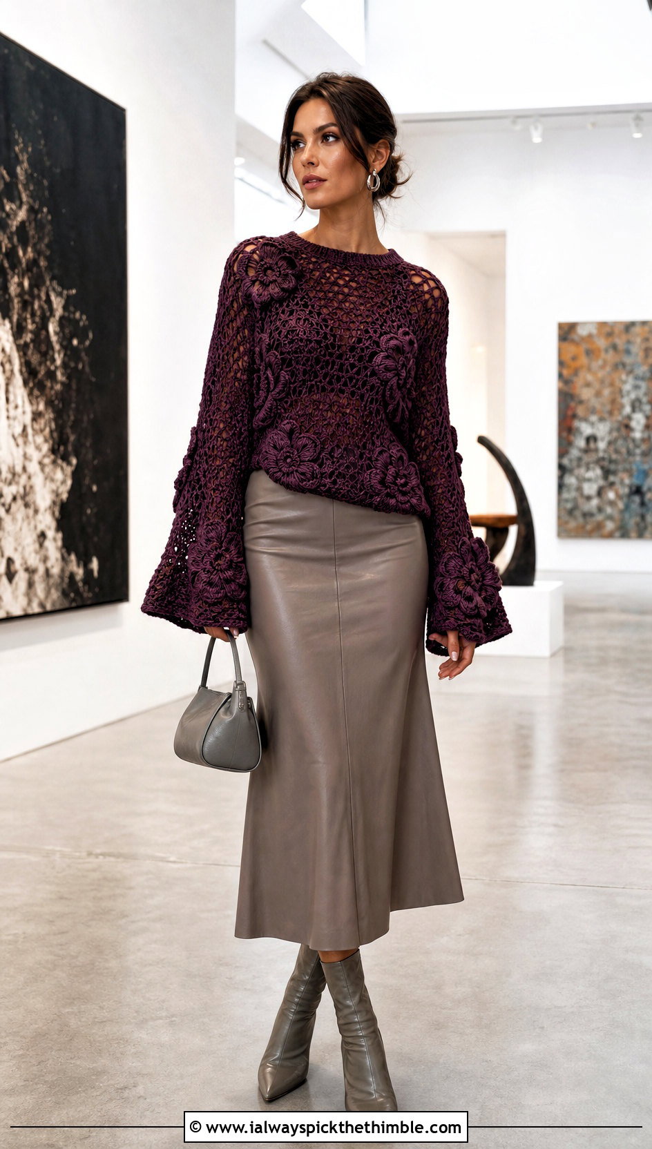 Bell Sleeve Flower Sweater With Leather Midi Skirt - 20 crochet flower sweater outfit ideas