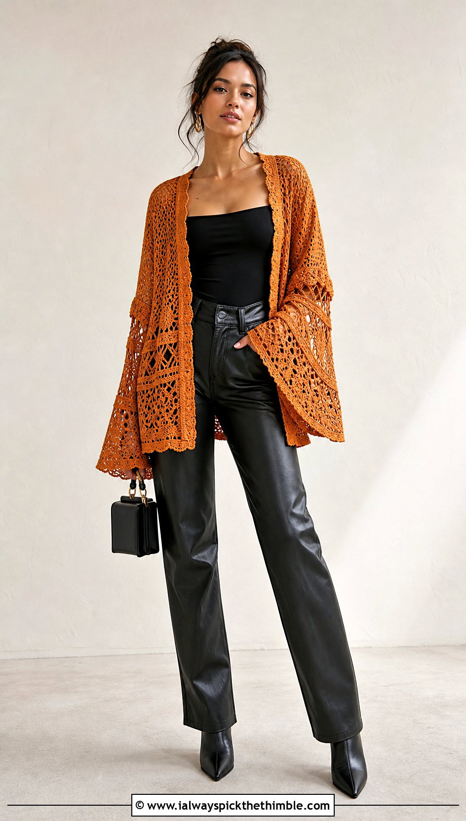 Bell Sleeve Folklore Crochet Cardigan With Leather Pants - 20 folklore crochet cardigan outfit ideas