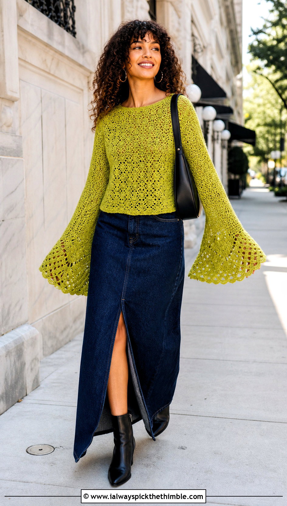 Bell Sleeve Freeform Crochet Sweater With a Denim Maxi Skirt - 20 freeform crochet sweater outfit ideas