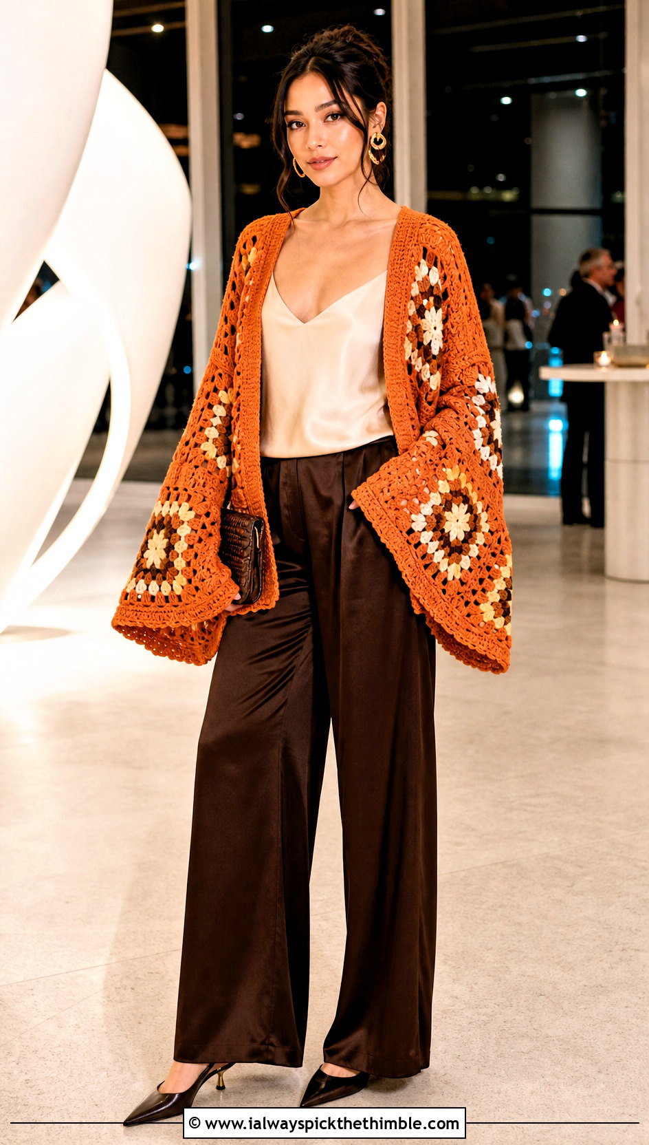 Bell Sleeve Giant Granny Square Cardigan With Satin Pants - 25 giant granny square cardigan outfit ideas