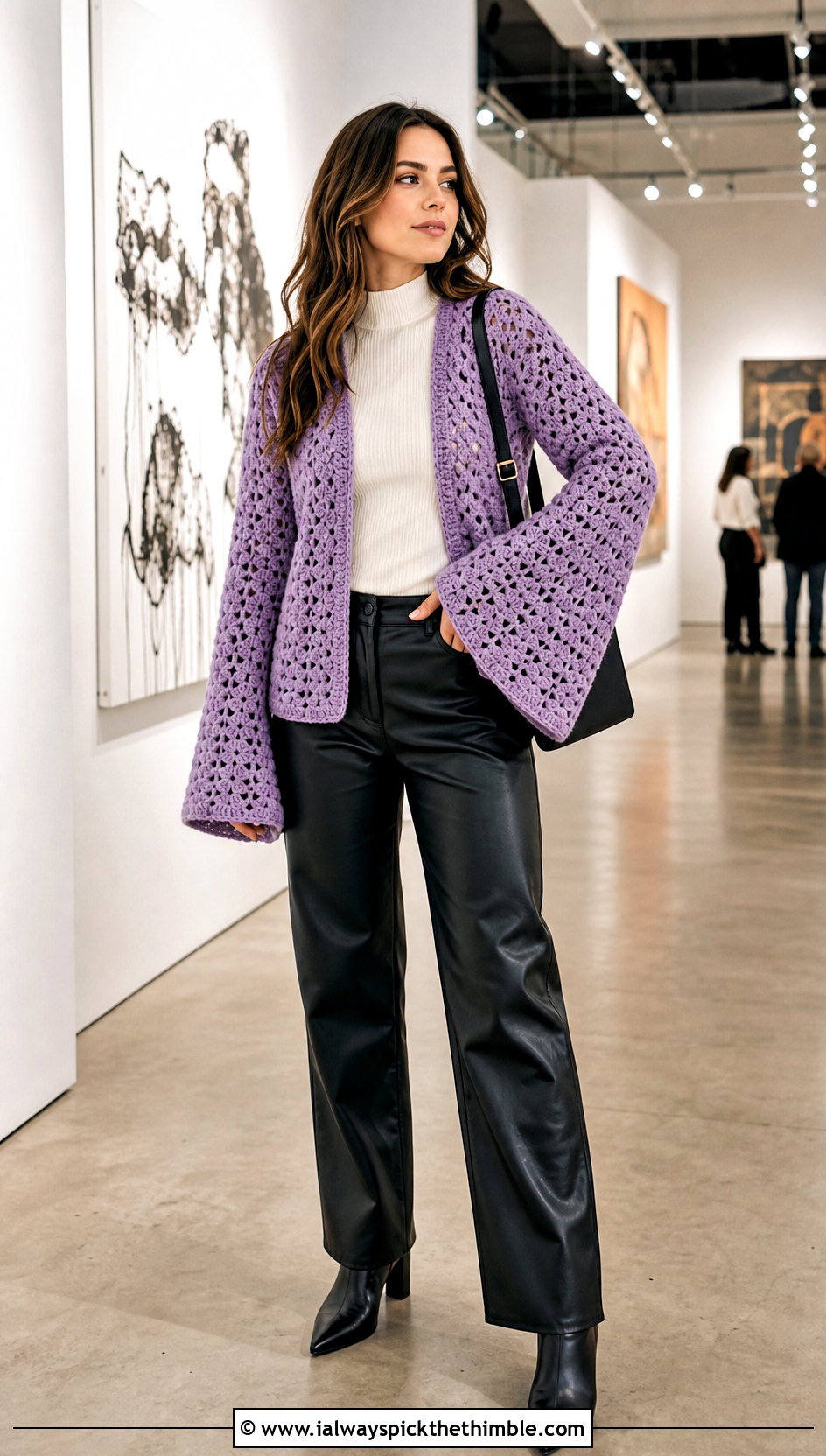 Bell Sleeve Granny Cardigan With Leather Trousers - 25 crochet granny cardigan outfit ideas