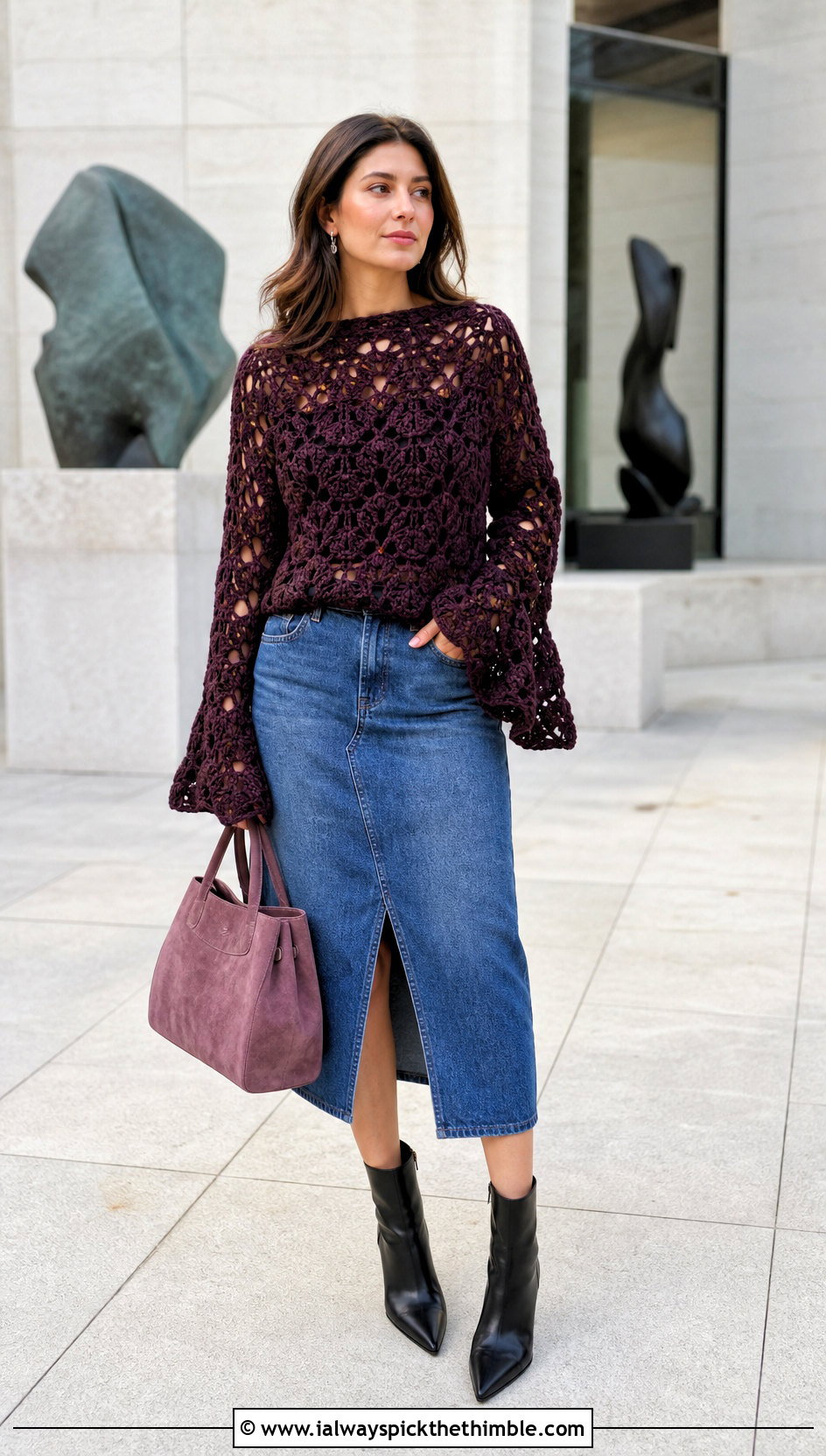 Bell Sleeve Granny Crochet Pullover With Denim Midi Skirt - 15 love my granny crochet pullover outfit ideas