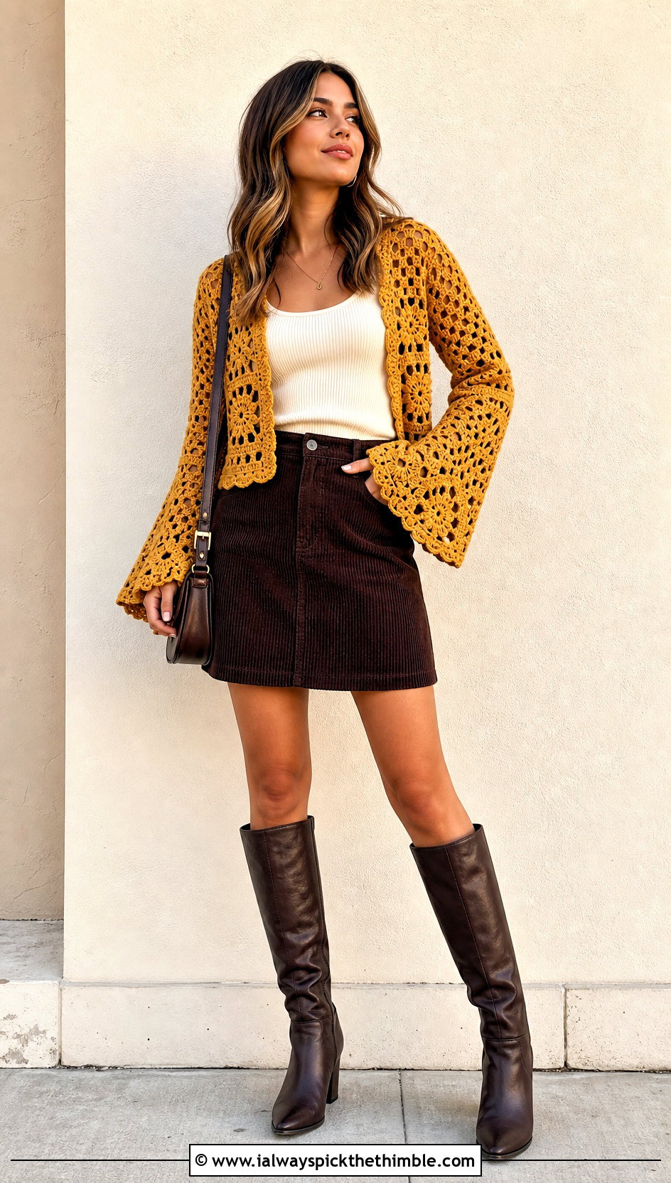 Bell Sleeve Granny Crochet Sweater With Mini Skirt - 20 granny crochet sweater outfit ideas
