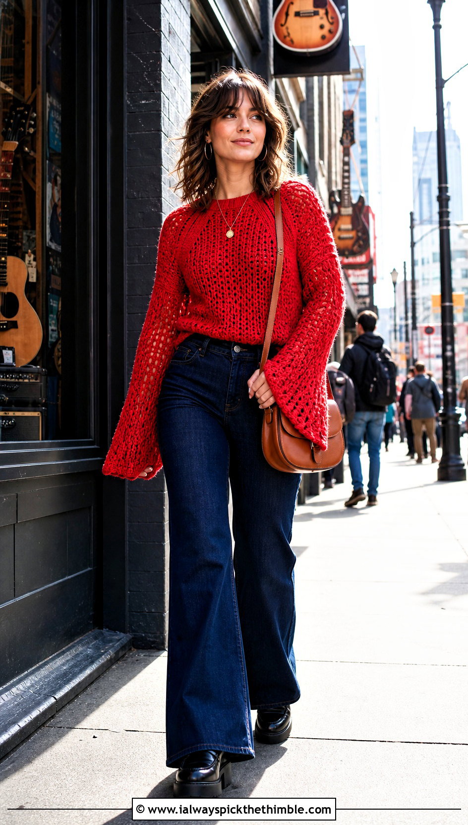 Bell Sleeve Granny Raglan Sweater With Flared Jeans - 20 Crochet Granny Raglan Sweater outfit ideas