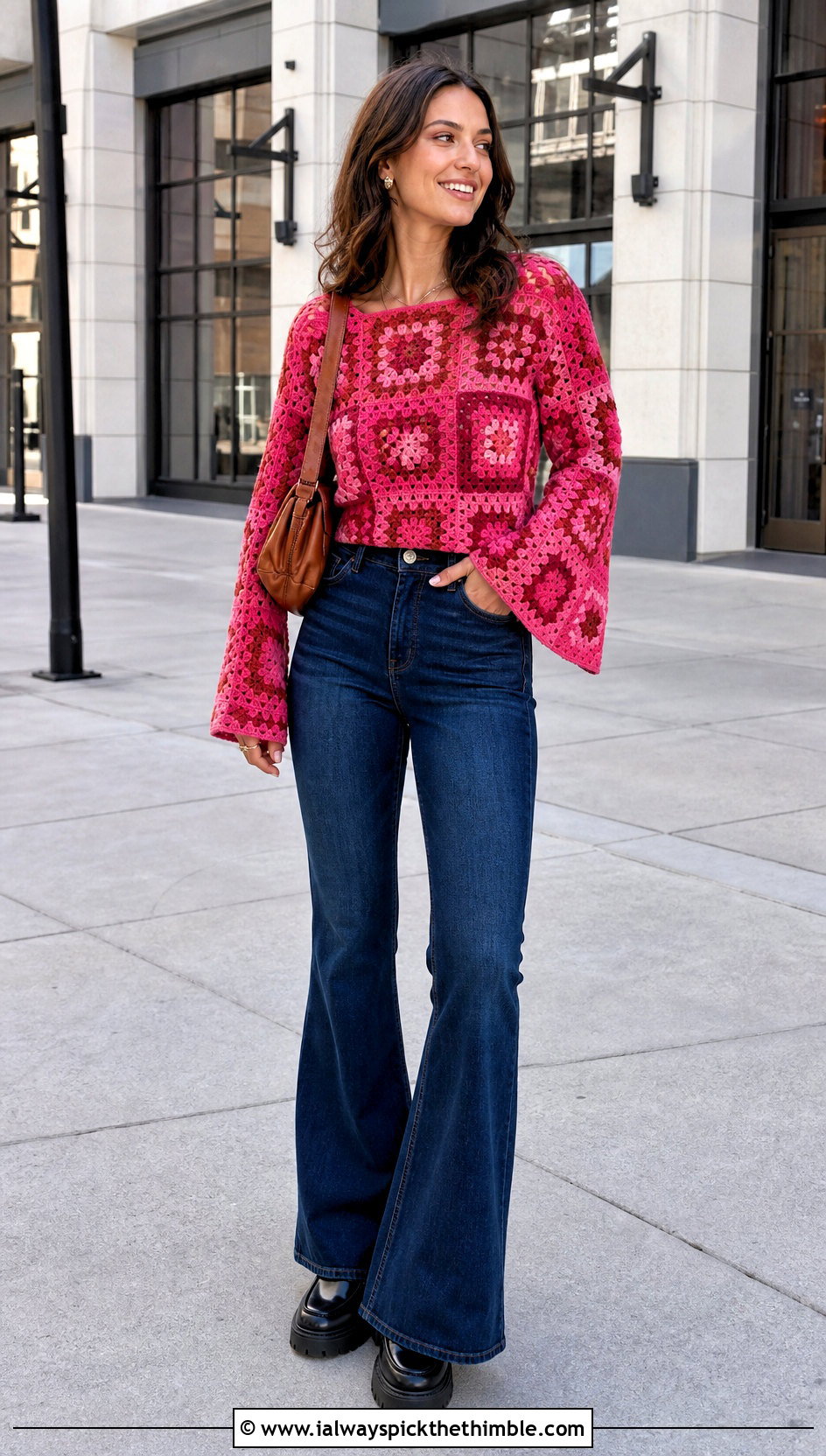 Bell Sleeve Granny Square Blouse With Flared Jeans - 25 Granny Square Blouse outfit ideas