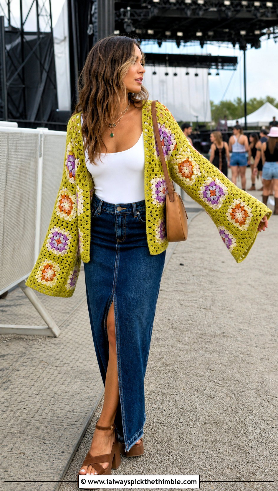 Bell Sleeve Granny Square Cardigan With Denim Maxi Skirt - 20 For Granny Square Cardigan outfit ideas