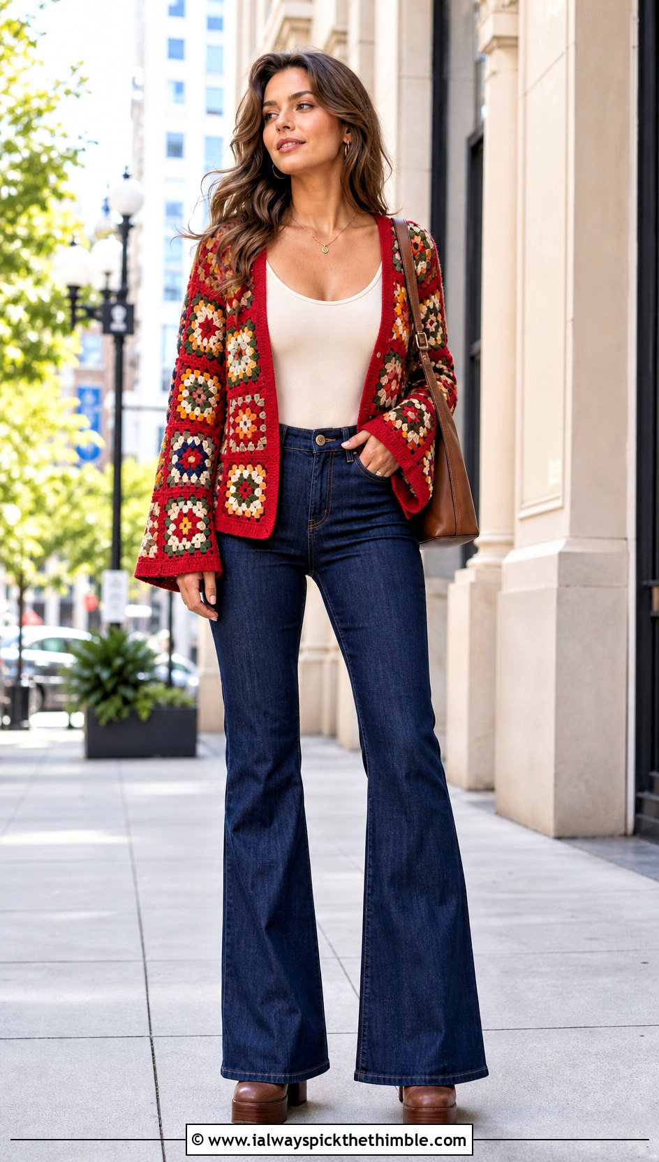 Bell Sleeve Granny Square Cardigan With Flared Jeans - 25 crochet granny square cardigan outfit ideas