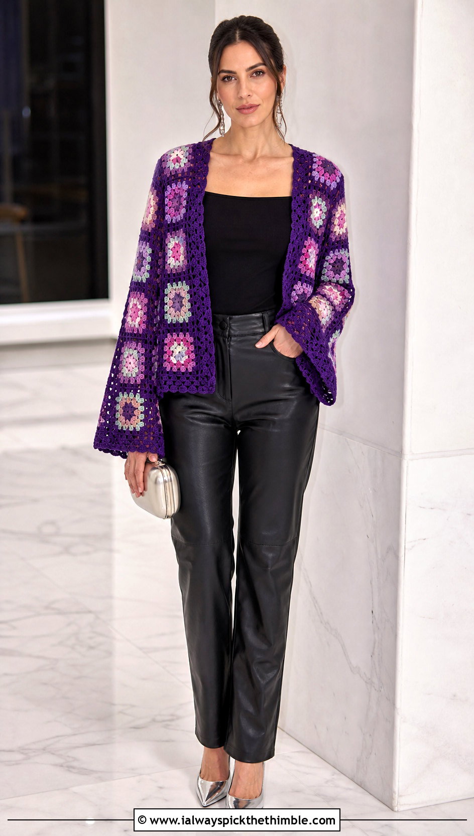 Bell Sleeve Granny Square Cardigan With Leather Pants - 15 Everyday Granny Square Cardigan outfit ideas