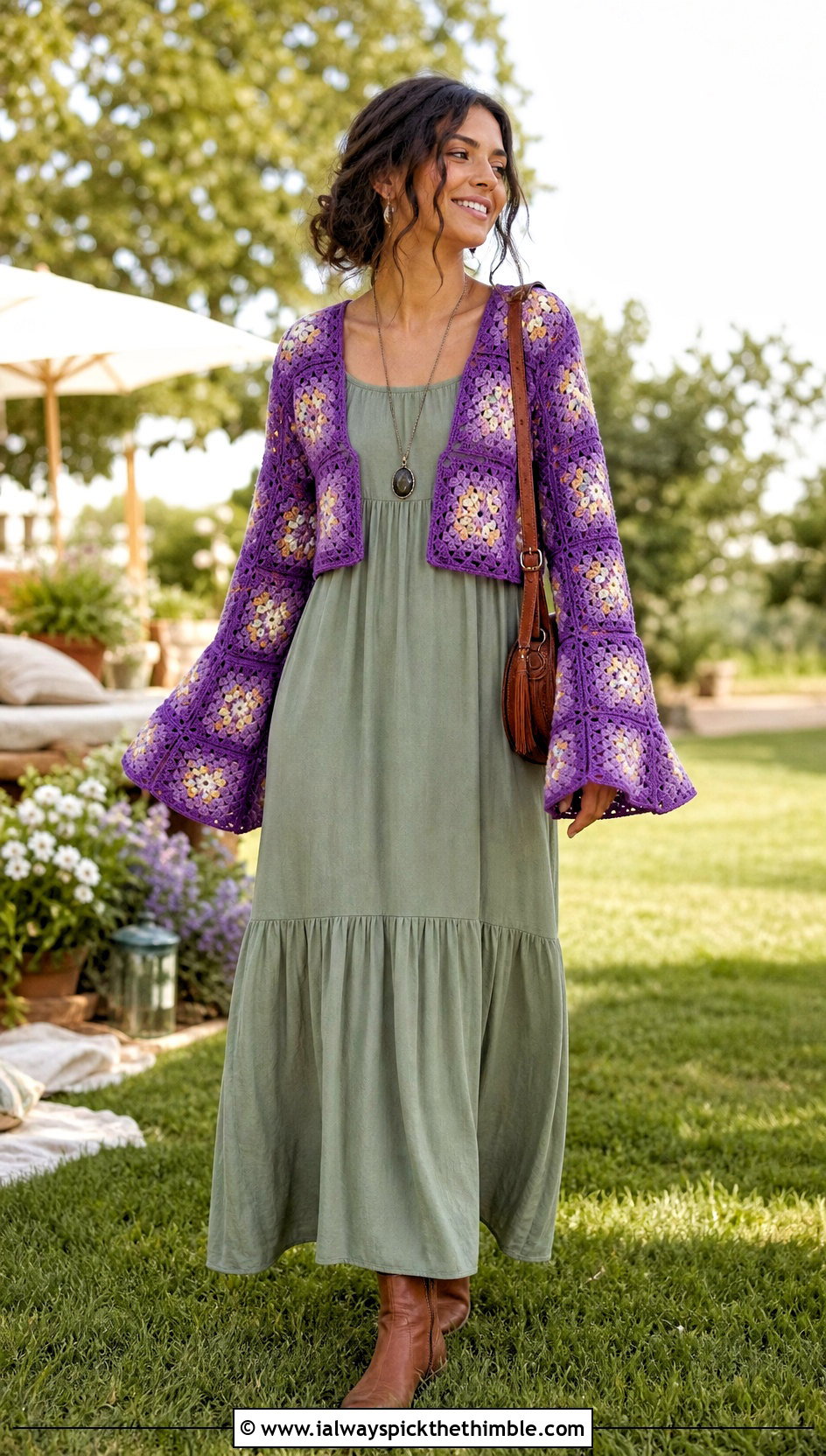 Bell Sleeve Granny Square Cardigan With Maxi Dress - 25 granny square crochet cardigan jacket outfit ideas