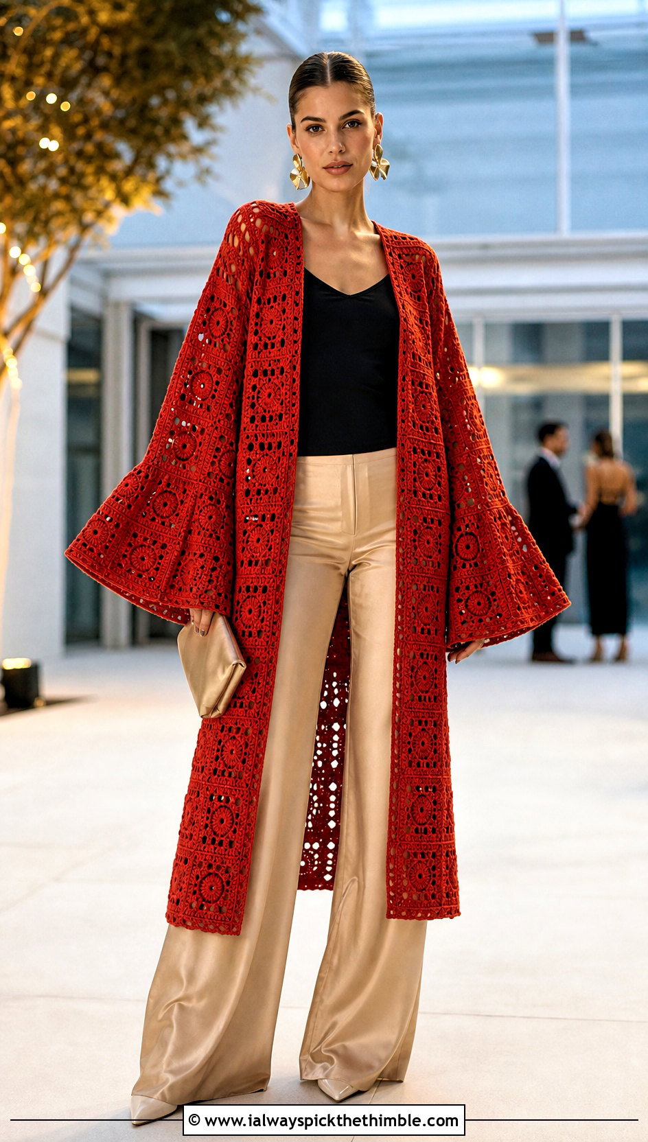 Bell Sleeve Granny Square Crochet Duster With Satin Pants - 15 Granny Square Crochet Duster outfit ideas