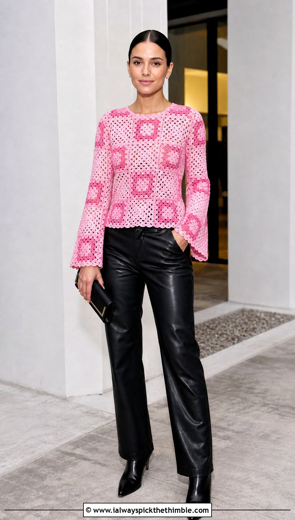 Bell Sleeve Granny Square Crochet Long Sleeve Top With Leather Pants - 20 Granny Square Crochet Long Sleeve Top outfit ideas