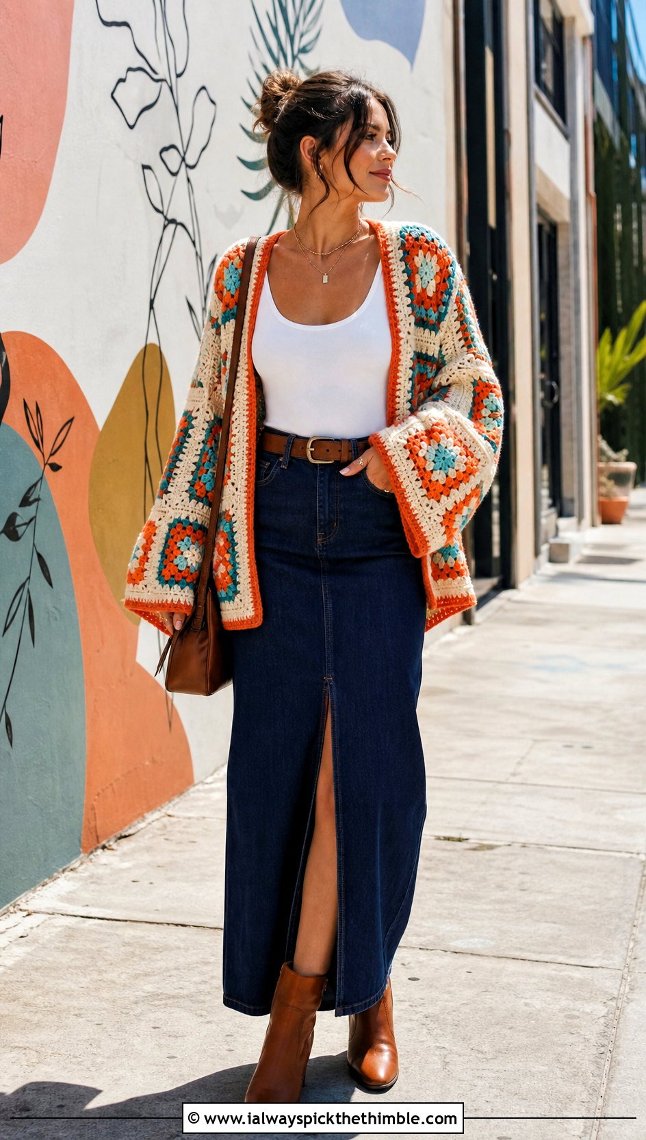 Bell Sleeve Granny Square Harry Styles Cardigan With Denim Maxi Skirt - 15 Crocheting Harry Styles Cardigan outfit ideas