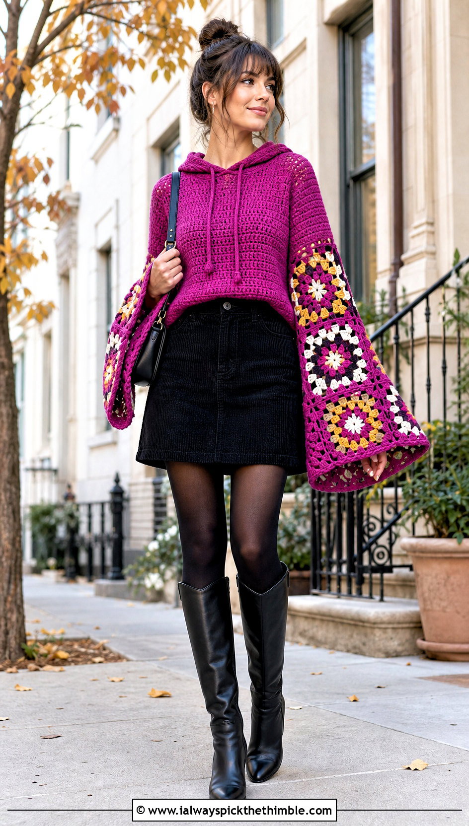 Bell Sleeve Granny Square Hoodie With Mini Skirt - 25 granny square hoodie outfit ideas
