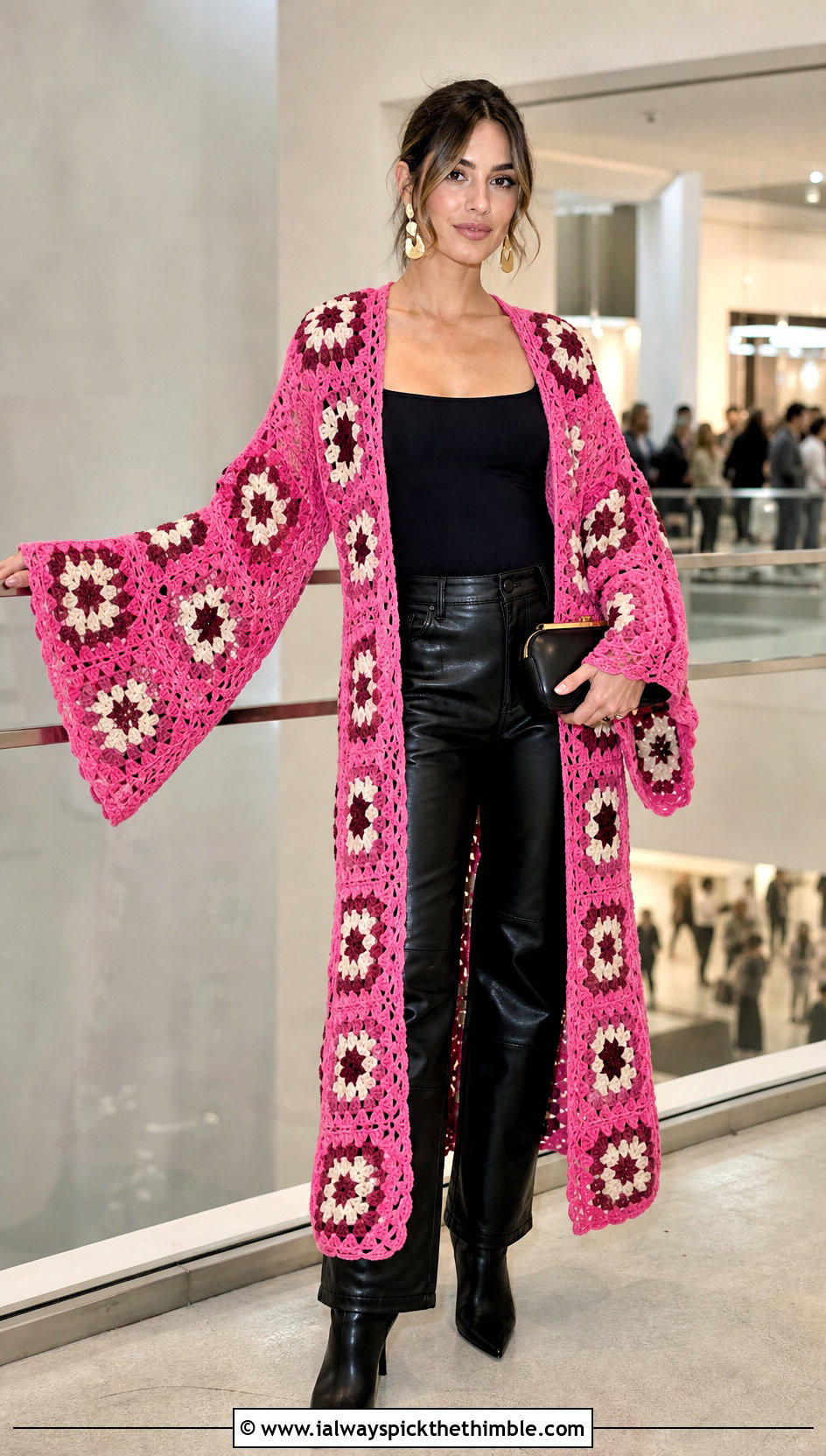 Bell Sleeve Granny Square Kimono With Leather Pants - 20 granny square kimono outfit ideas