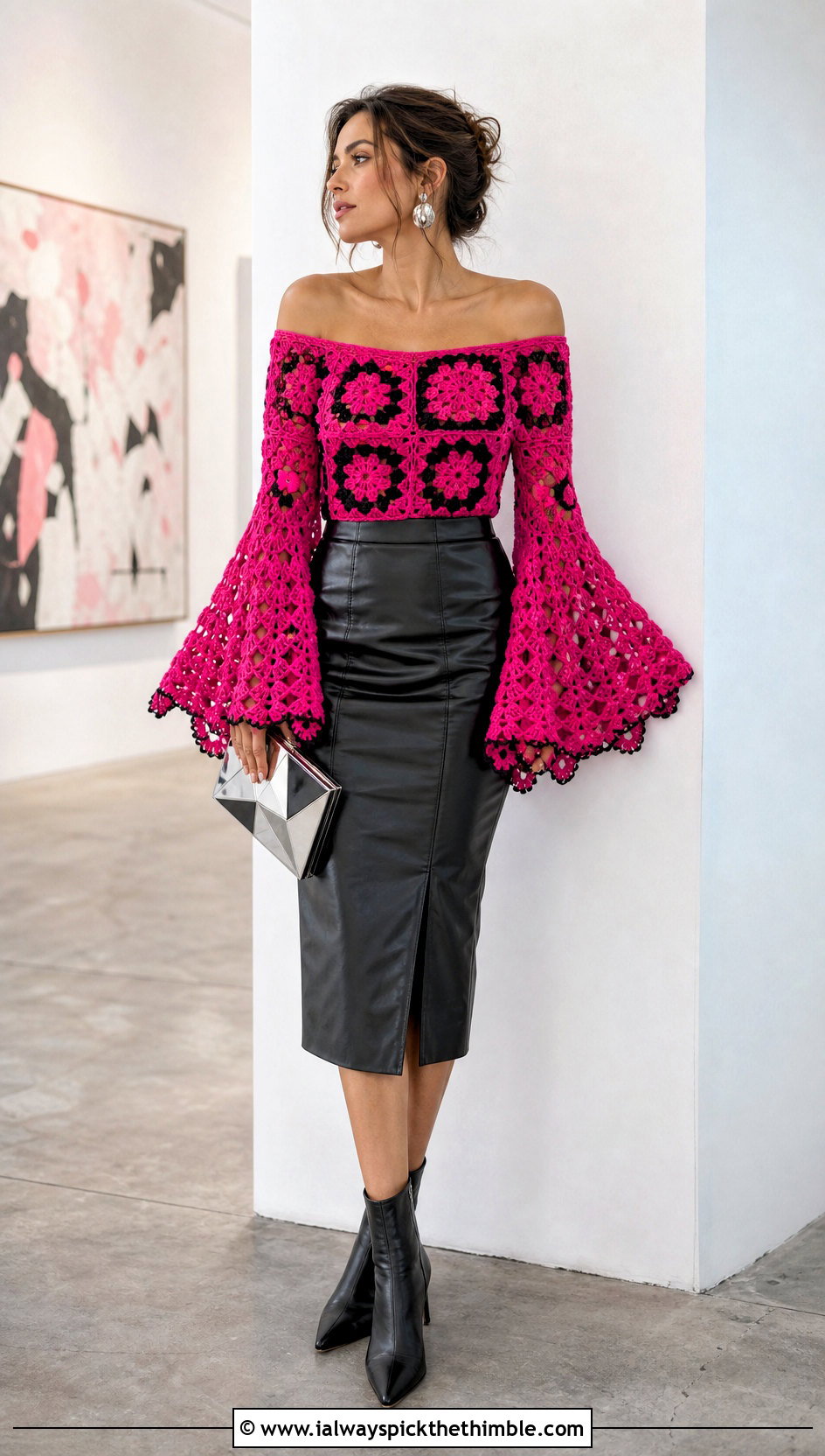 Bell Sleeve Granny Square Off The Shoulder Top With Leather Midi Skirt - 15 Crochet Off The Shoulder Granny Square Top outfit ideas