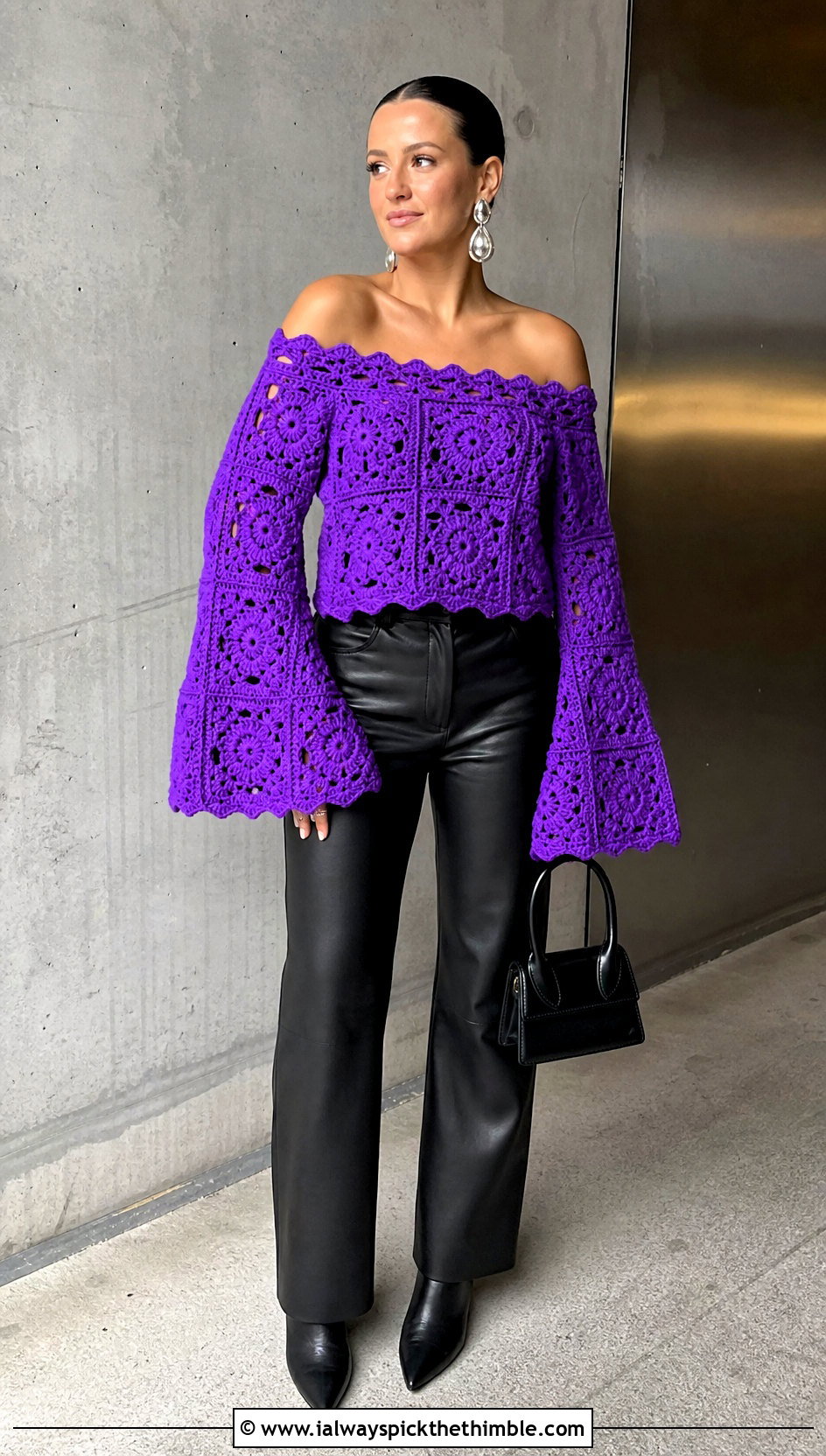 Bell Sleeve Granny Square Off The Shoulder Top With Leather Pants - 20 Granny Square Off The Shoulder Top outfit ideas