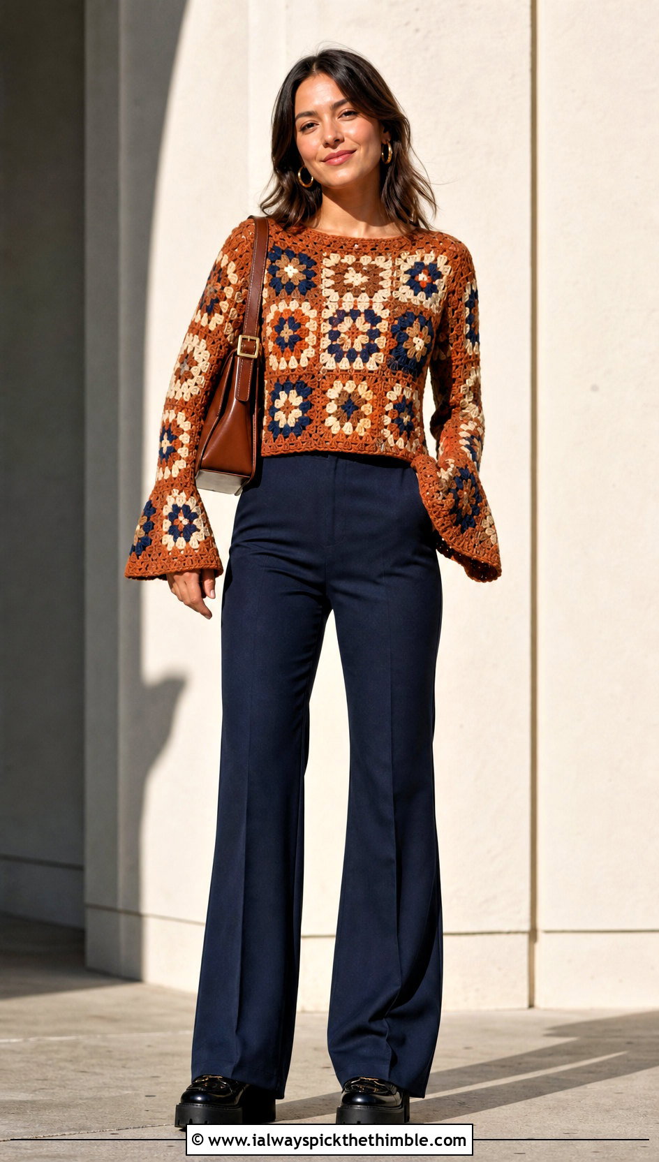 Bell Sleeve Granny Square Pullover With Flared Trousers - 25 crochet granny square pullover outfit ideas