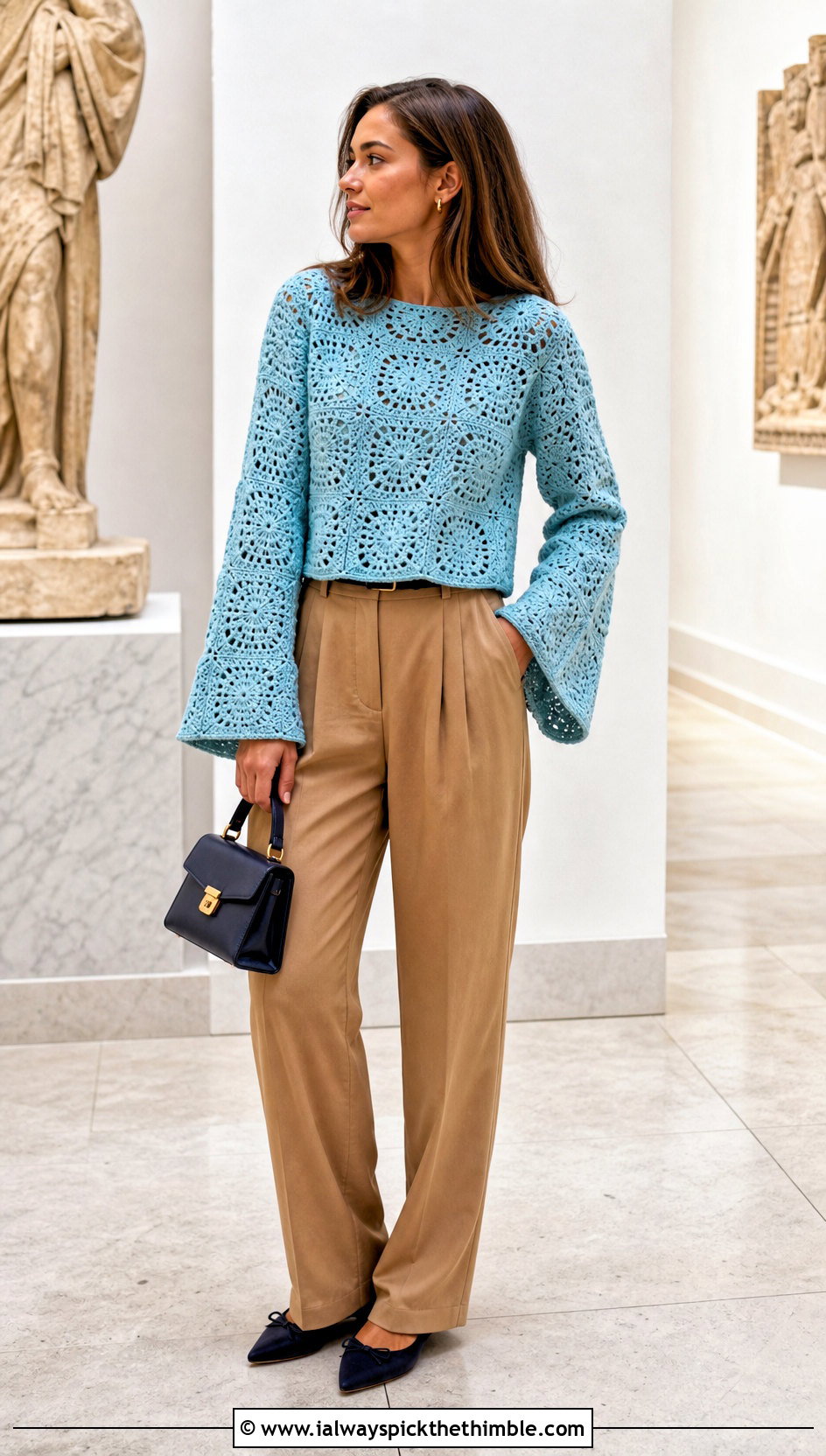 Bell Sleeve Granny Square Pullover With Pleated Trousers - 20 Fall Granny Square Sweater outfit ideas