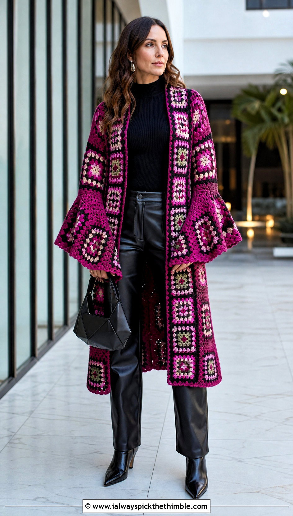 Bell Sleeve Granny Square Robe With Leather Pants - 20 granny square robe outfit ideas
