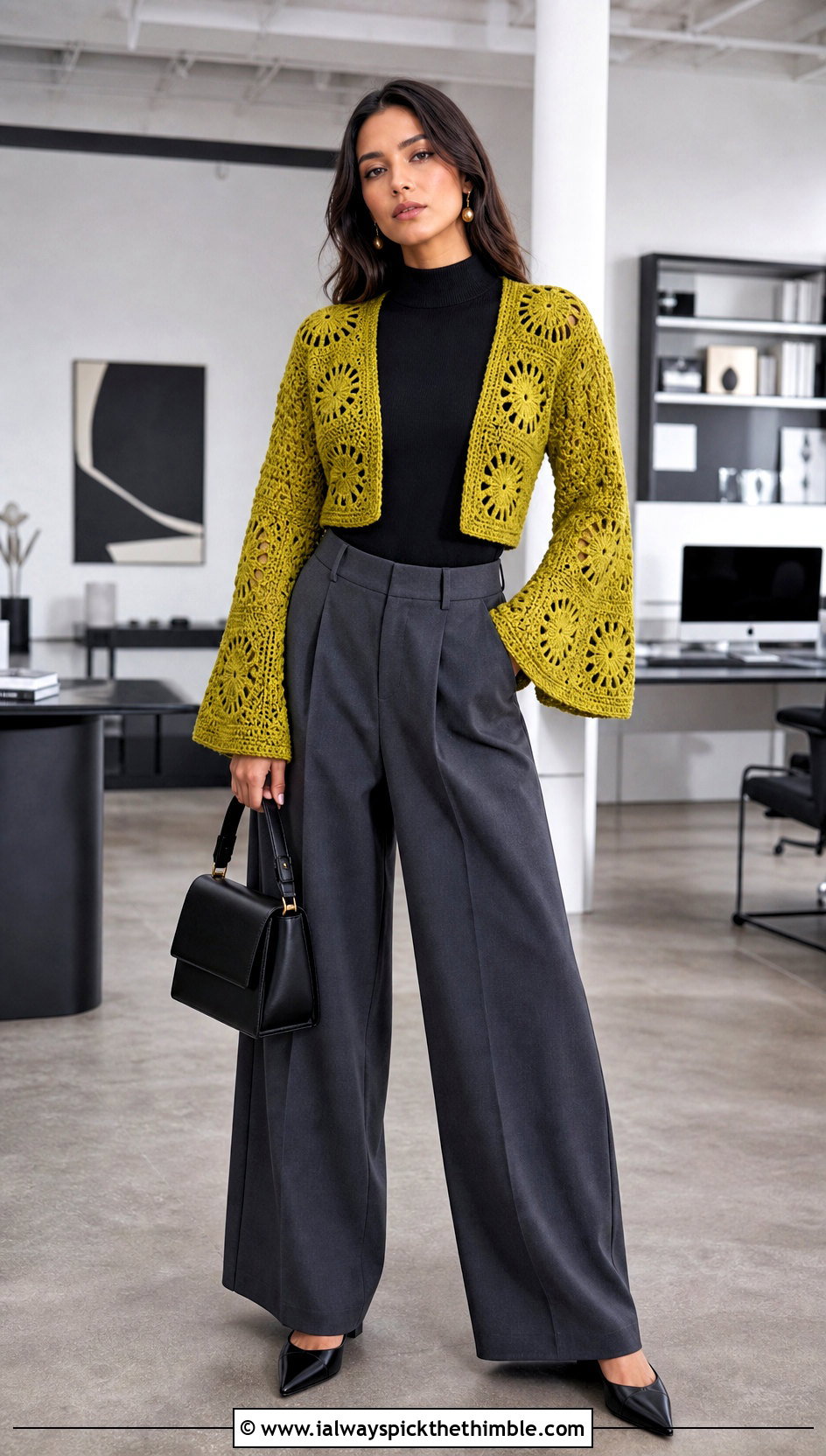 Bell Sleeve Granny Square Shrug With Tailored Trousers - 20 Crochet Granny Shrug outfit ideas