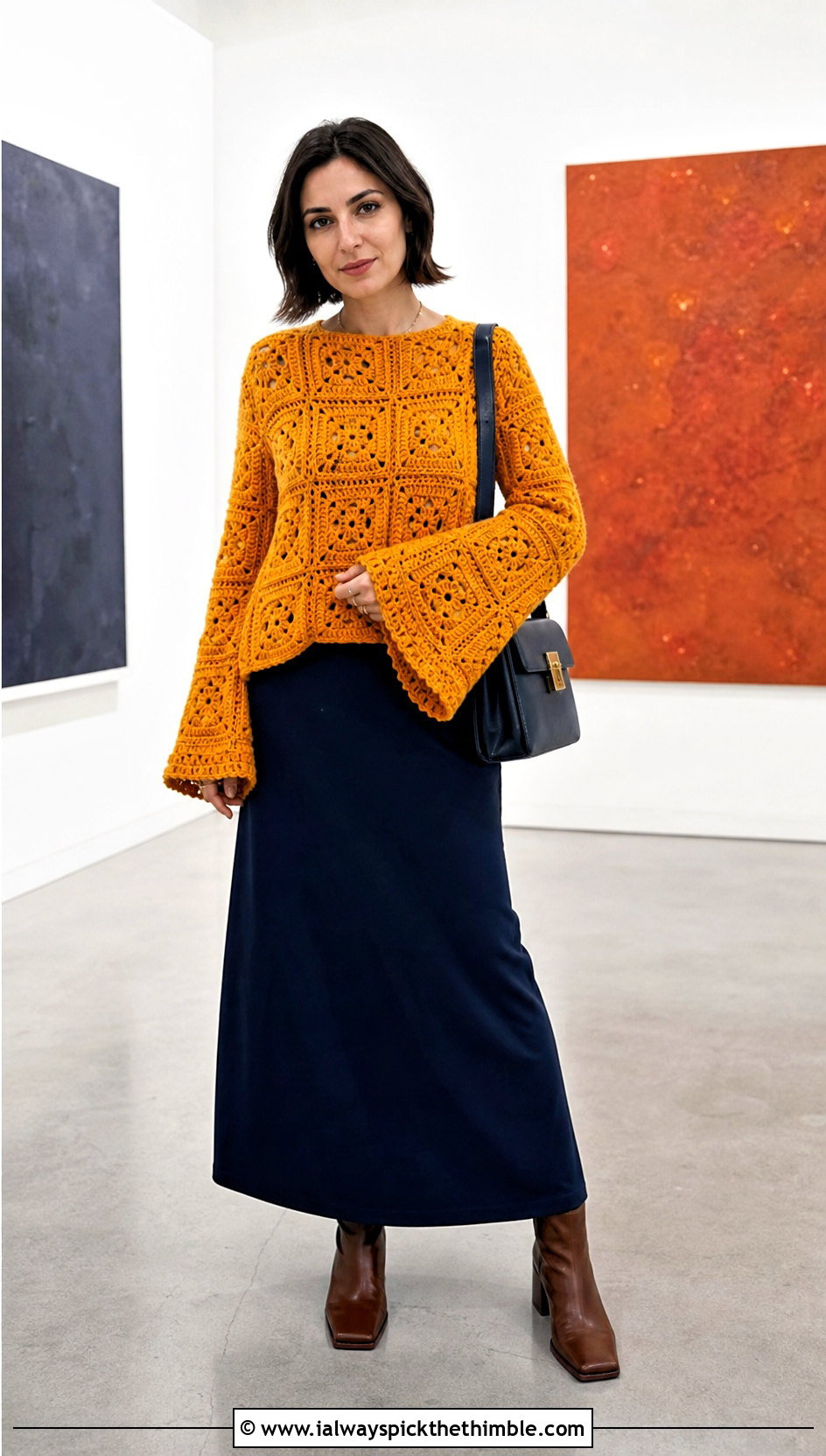 Bell Sleeve Granny Square Sweater With Column Skirt - 20 easy granny square sweater outfit ideas
