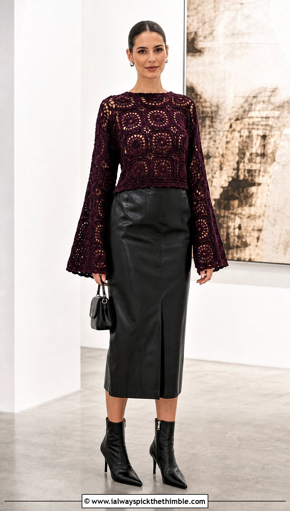 Bell Sleeve Granny Square Sweater With Leather Midi Skirt - 20 crochet sweater with granny squares outfit ideas