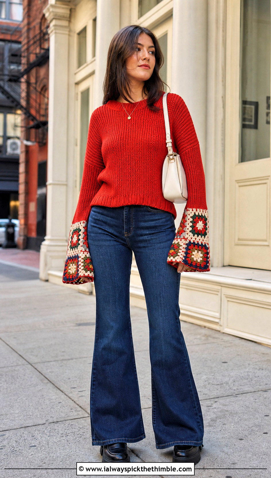 Bell Sleeve Granny Square Top With Flared Jeans - 25 crochet granny square tops outfit ideas