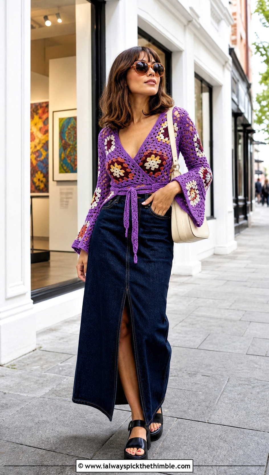 Bell Sleeve Granny Square Wrap Top With Denim Maxi Skirt - 25 granny square wrap top outfit ideas