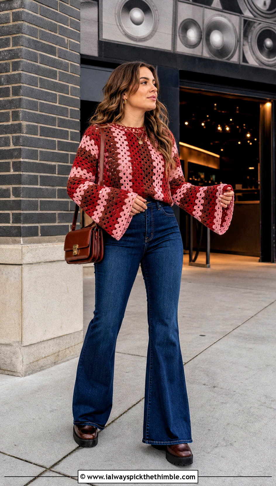 Bell Sleeve Granny Stripe Crochet Sweater With Flared Jeans - 20 Granny Stripe Crochet Sweater outfit ideas