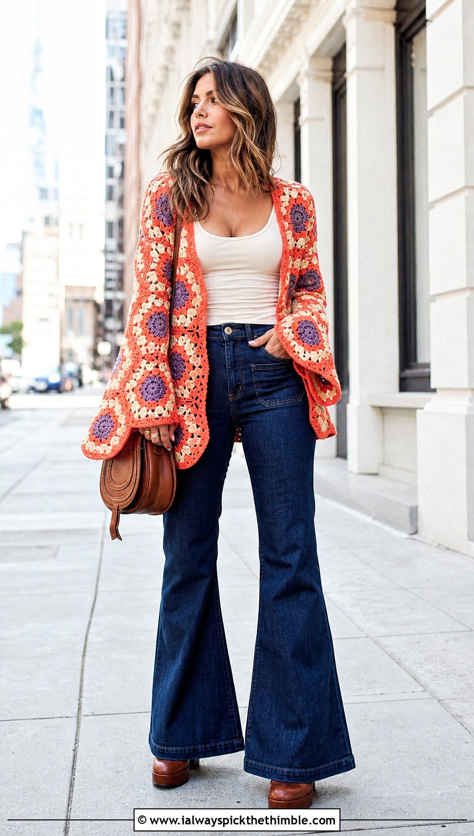 Bell Sleeve Hexagon Crochet Cardigan With Flared Jeans - 20 Hexagon Crochet Cardigan With Granny Squares outfit ideas