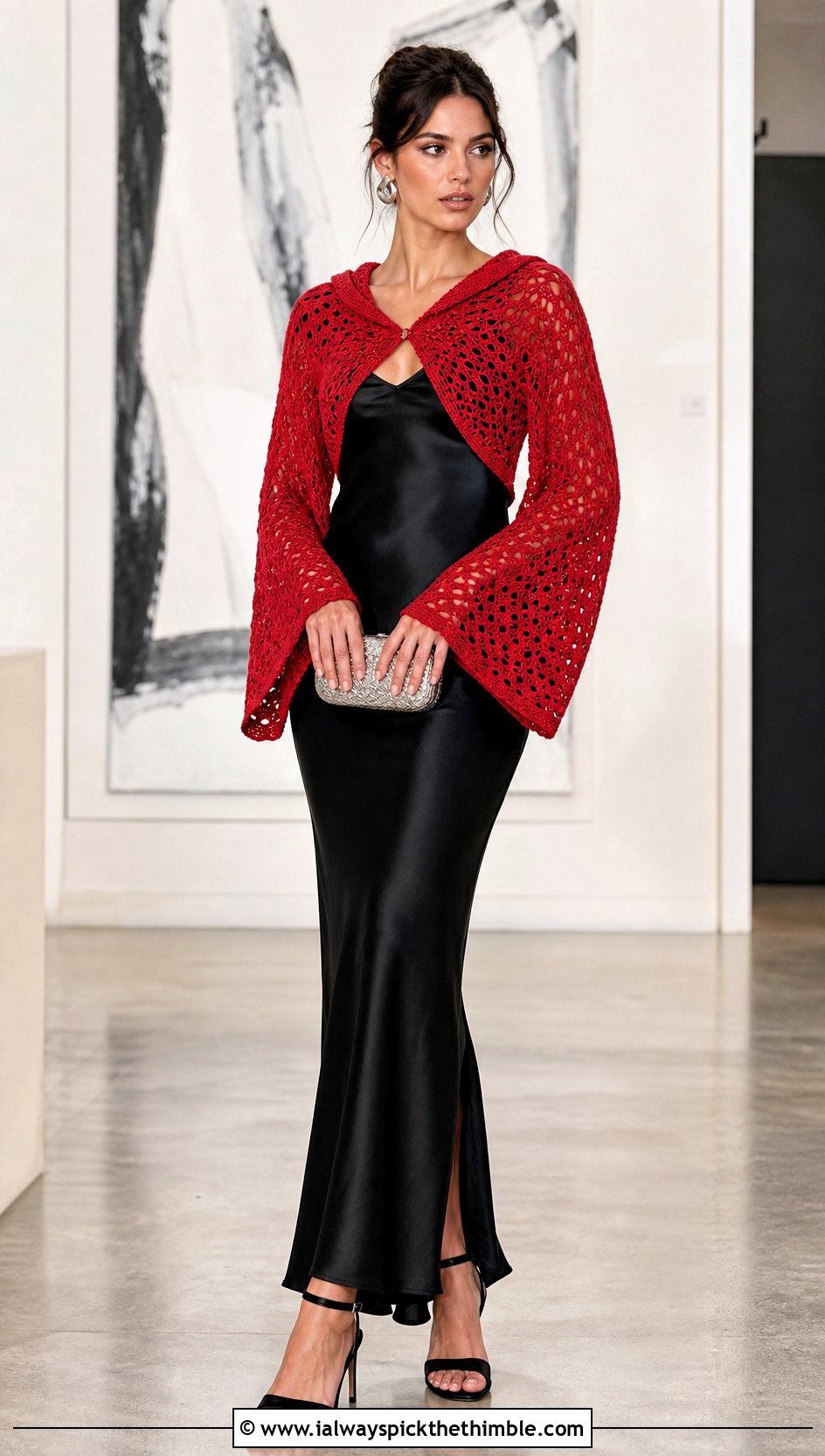 Bell Sleeve Hooded Crochet Bolero With Slip Dress - 20 hooded crochet bolero outfit ideas