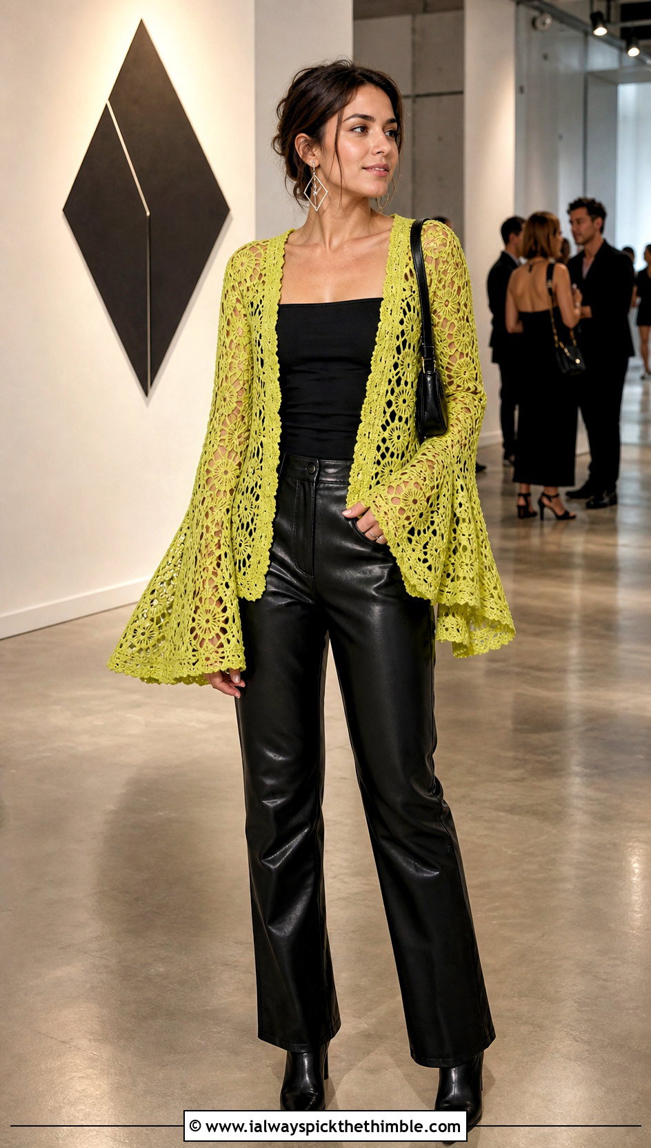 Bell Sleeve Lacy Crochet Cardigan With Leather Pants - 20 Lacy Crochet Cardigan outfit ideas