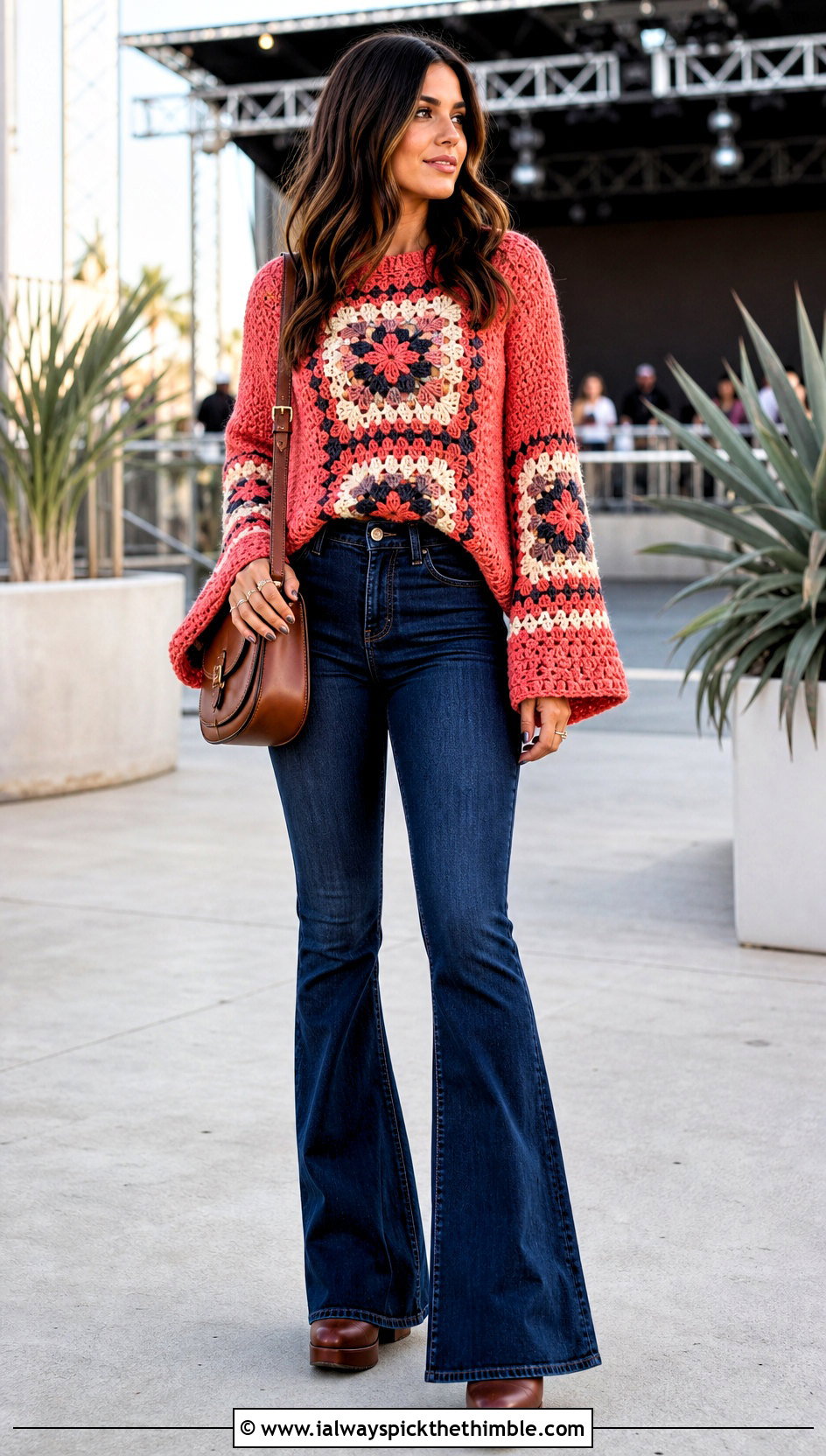 Bell Sleeve Large Granny Square Sweater With Flared Jeans - 25 large granny square sweater outfit ideas