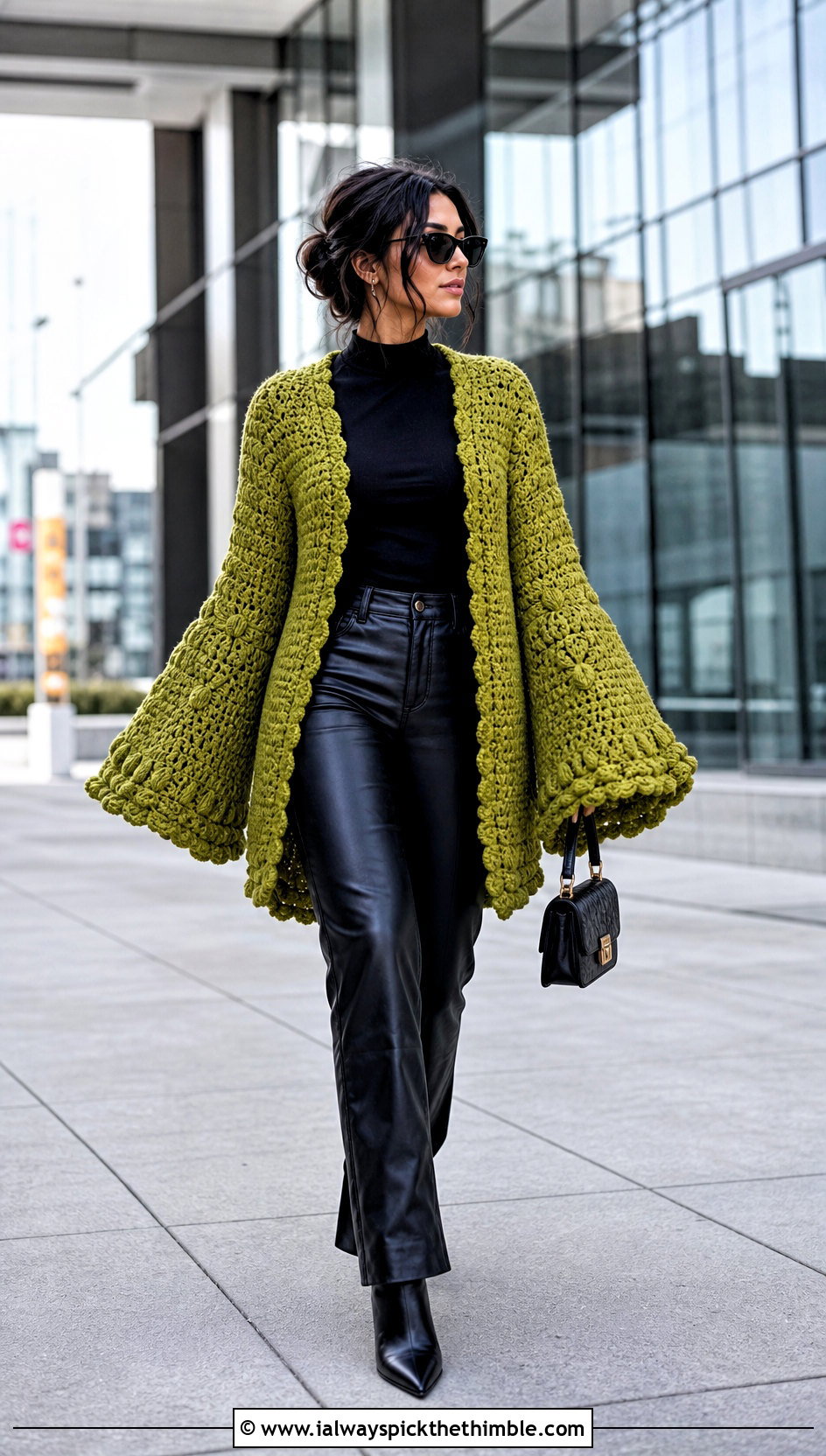 Bell Sleeve Lightly Toasted Crochet Cardigan With Leather Pants - 20 lightly toasted crochet cardigan outfit ideas