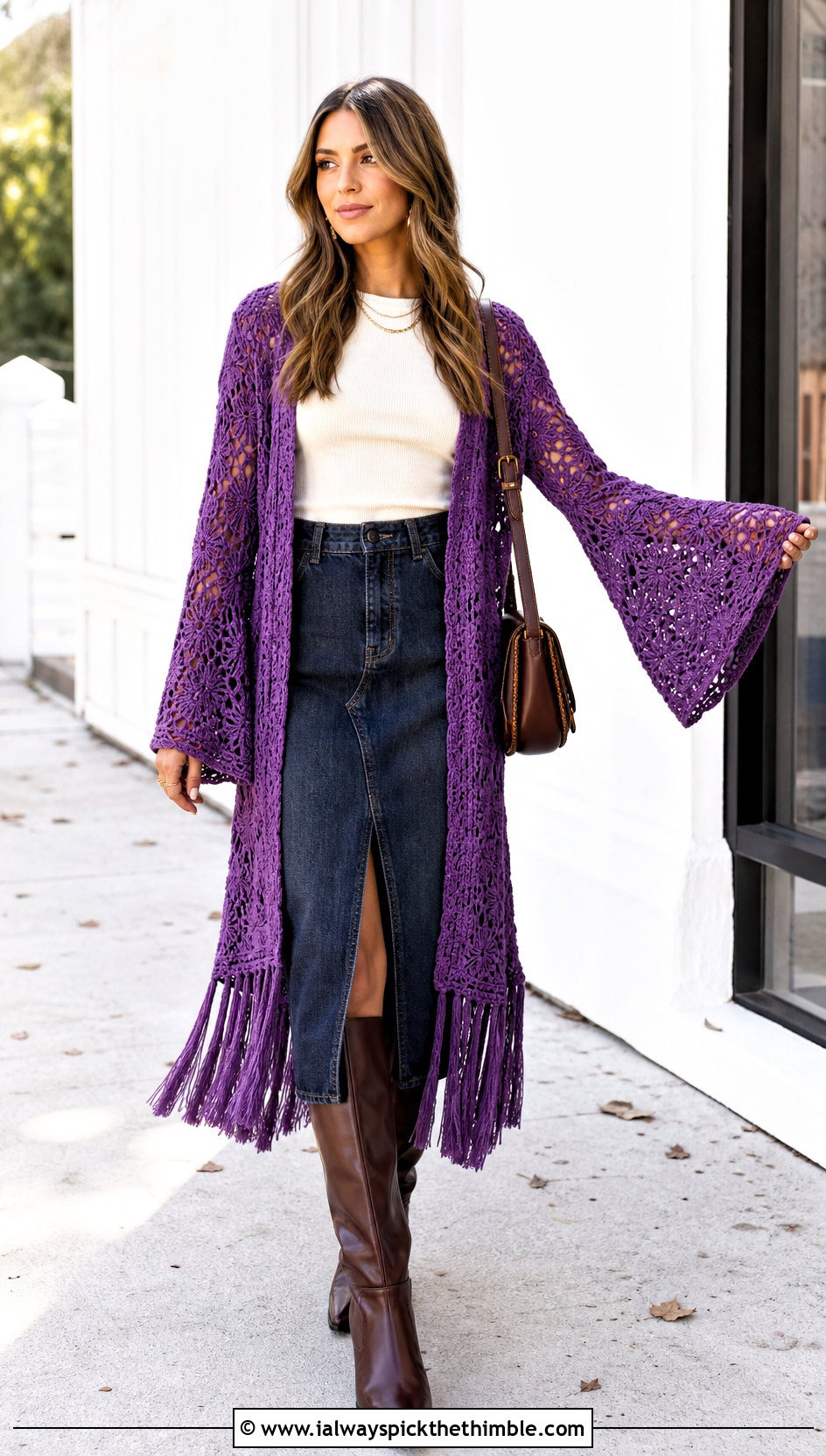 Bell Sleeve Long Crochet Cardigan With Fringe And Denim Skirt - 15 long crochet cardigan with fringe outfit ideas