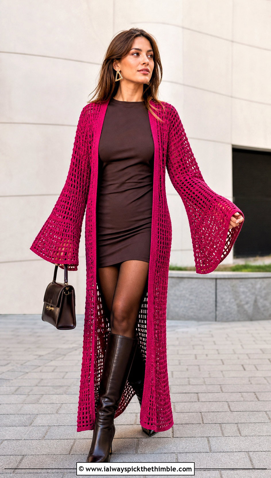 Bell Sleeve Long Crochet Duster With Mini Dress - 20 Long Crochet Duster outfit ideas