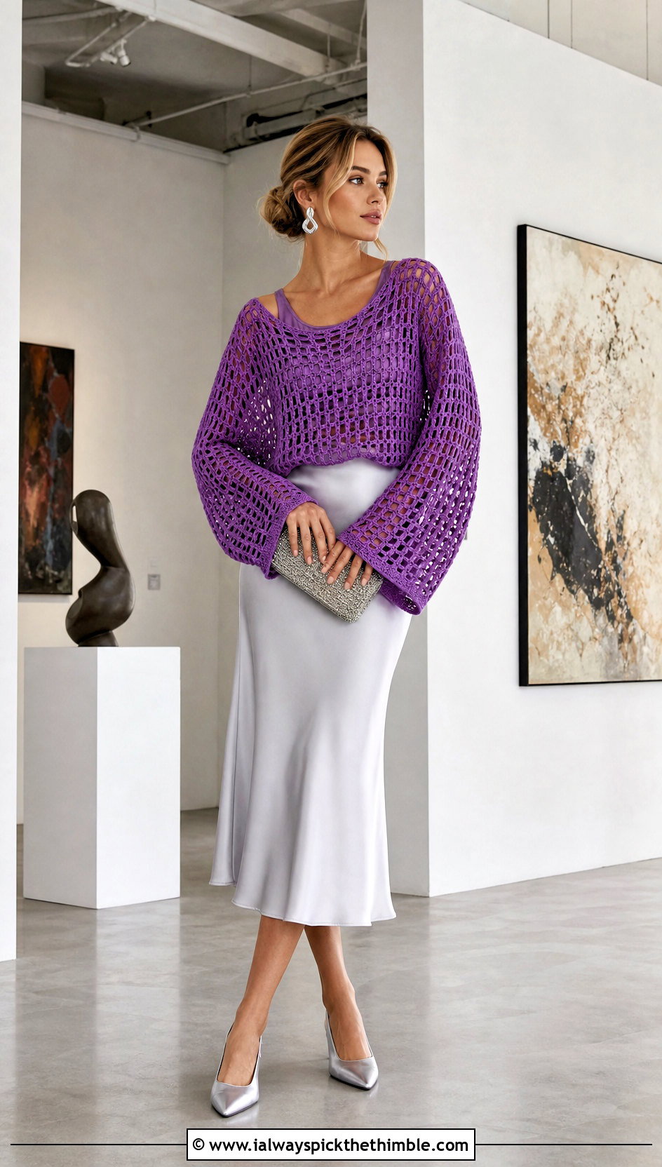 Bell Sleeve Loose Crochet Sweater With Satin Midi Skirt - 20 loose crochet sweater outfit ideas