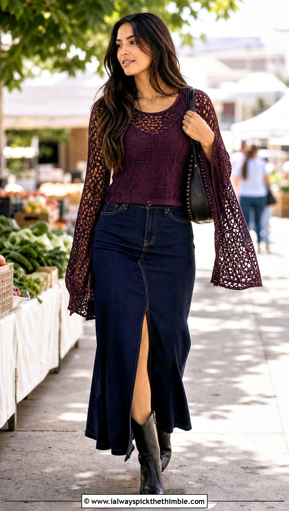 Bell Sleeve Mesh Crochet Blouse With Denim Maxi Skirt - 15 Beginner Crochet Blouse outfit ideas