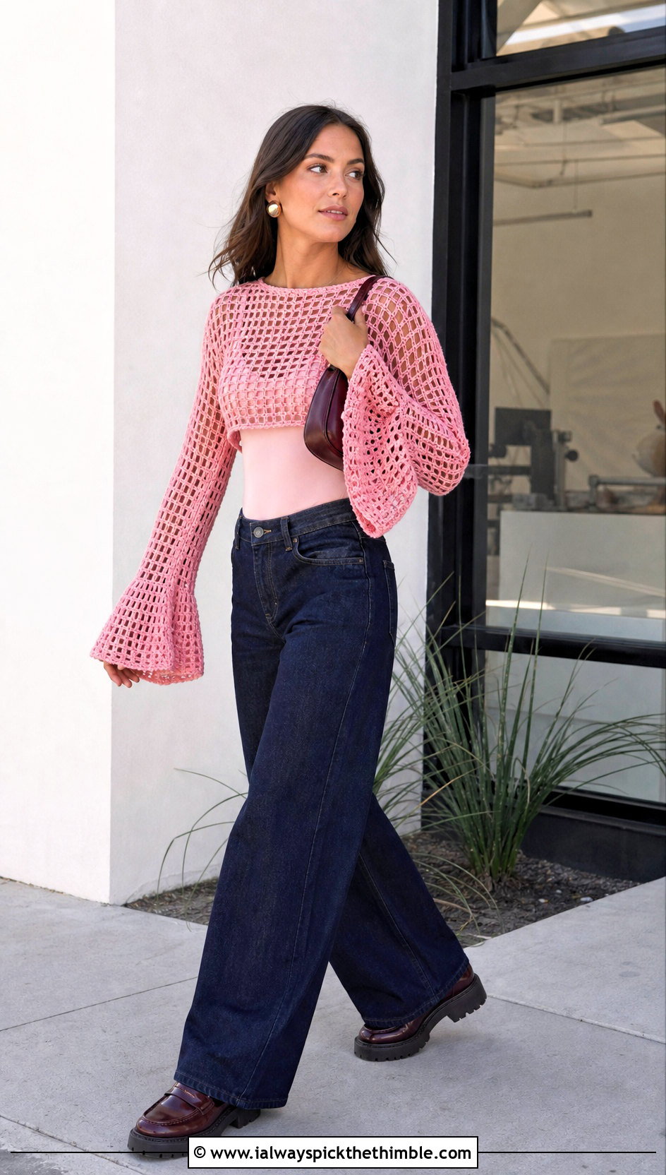 Bell Sleeve Mesh Crochet Blouse With Wide Leg Jeans - 15 lace crochet blouse design outfit ideas