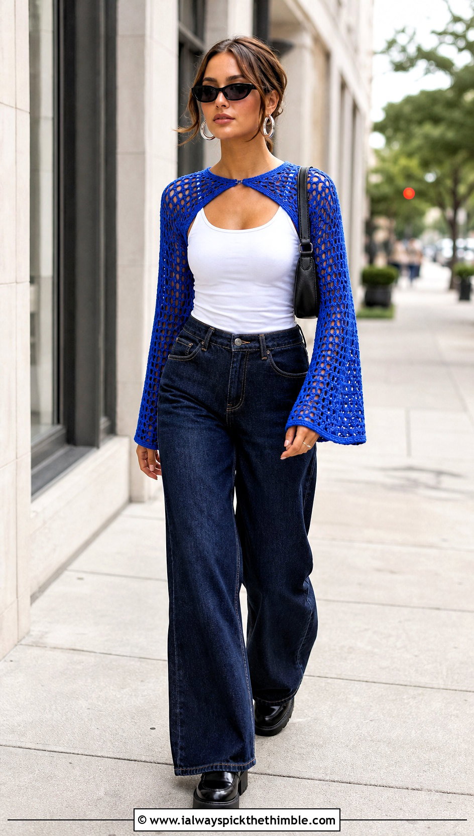 Bell Sleeve Mesh Crochet Bolero With Wide Leg Jeans - 25 crochet bolero outfit ideas