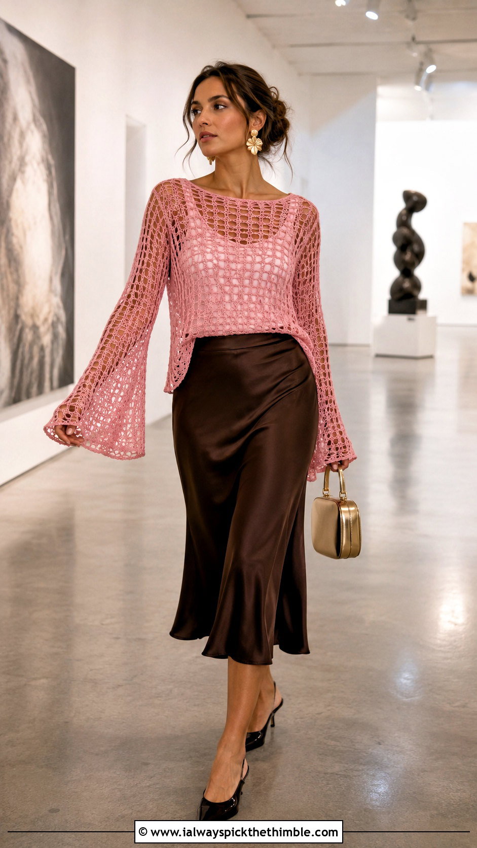 Bell Sleeve Mesh Crochet Sweater With Satin Midi Skirt - 20 mesh crochet sweater outfit ideas