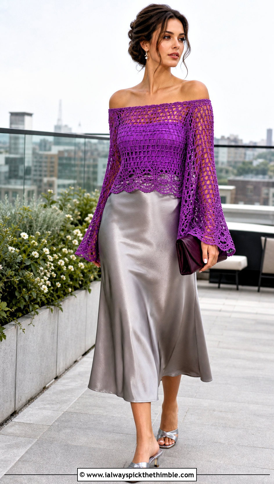 Bell Sleeve Mesh Off Shoulder Top With Satin Midi Skirt - 20 crochet mesh off shoulder top outfit ideas