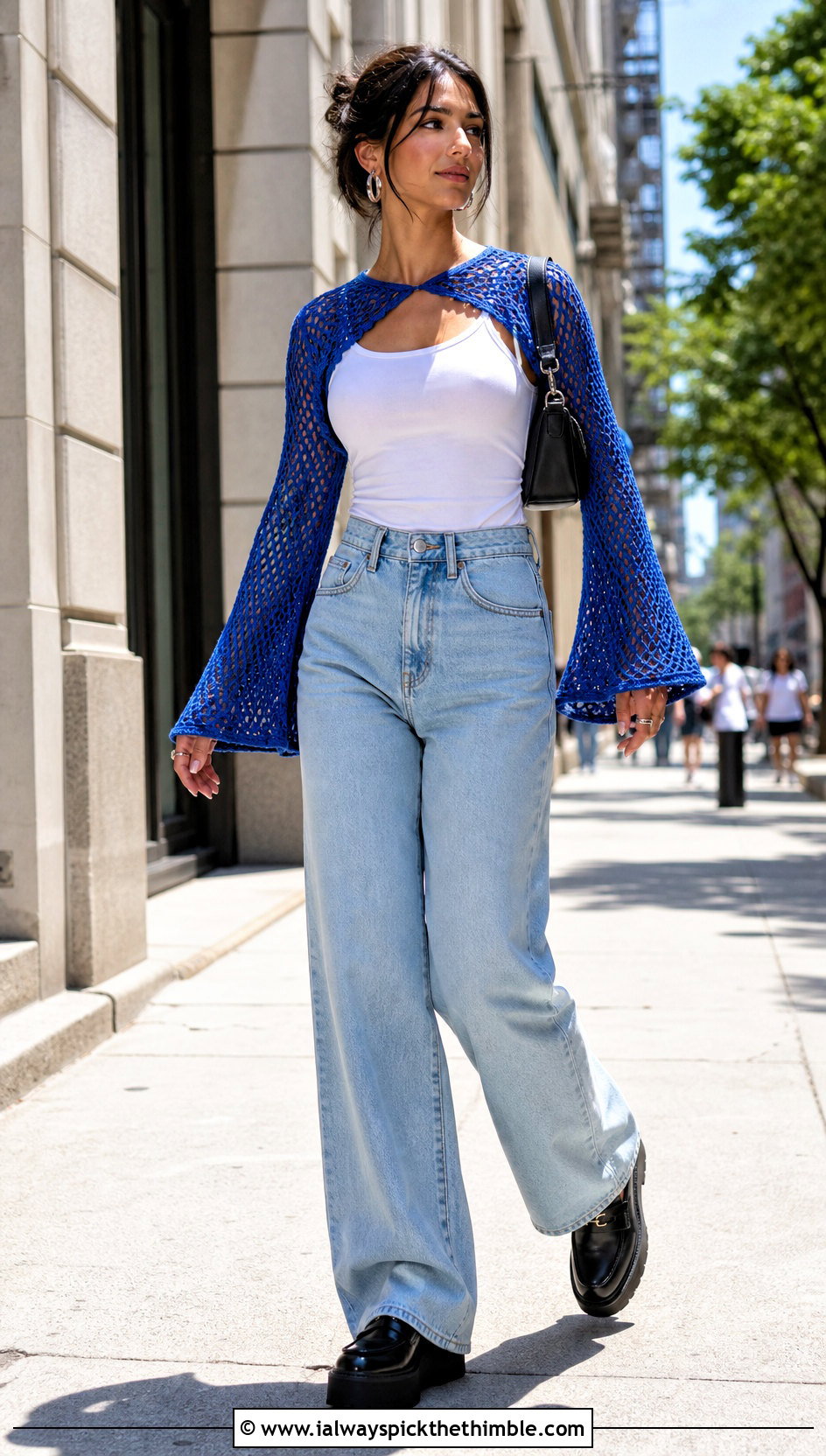 Bell Sleeve Mesh Shrug With Wide Leg Jeans - 25 crochet shrug bolero outfit ideas