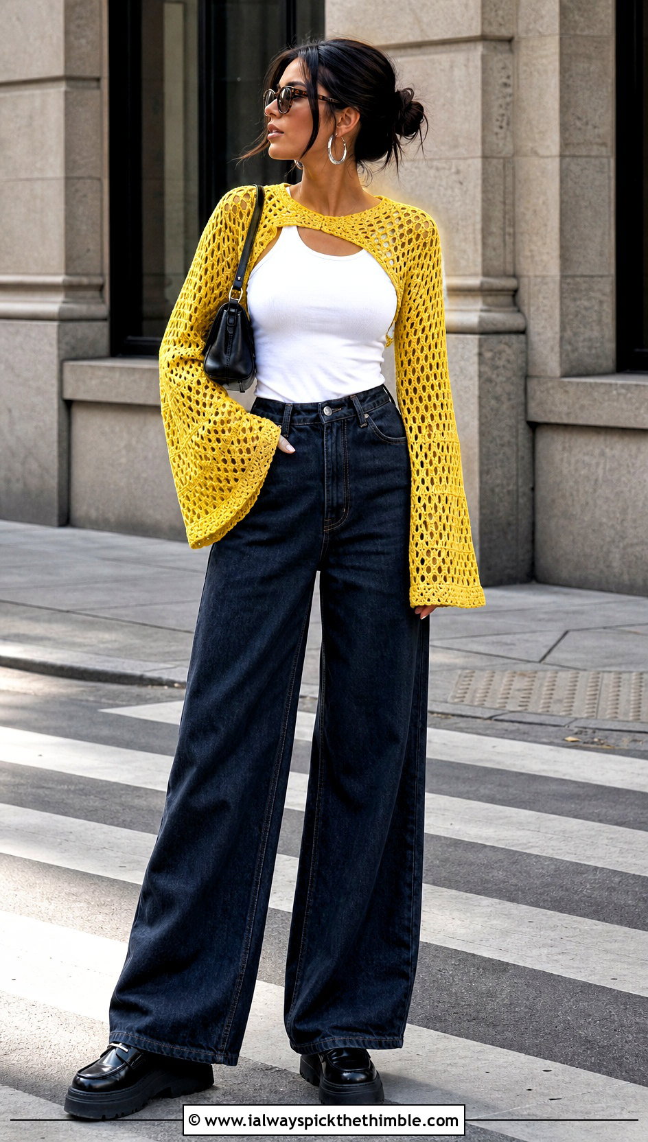Bell Sleeve Mesh Shrug With Wide Leg Jeans - 25 crocheted shrug outfit ideas