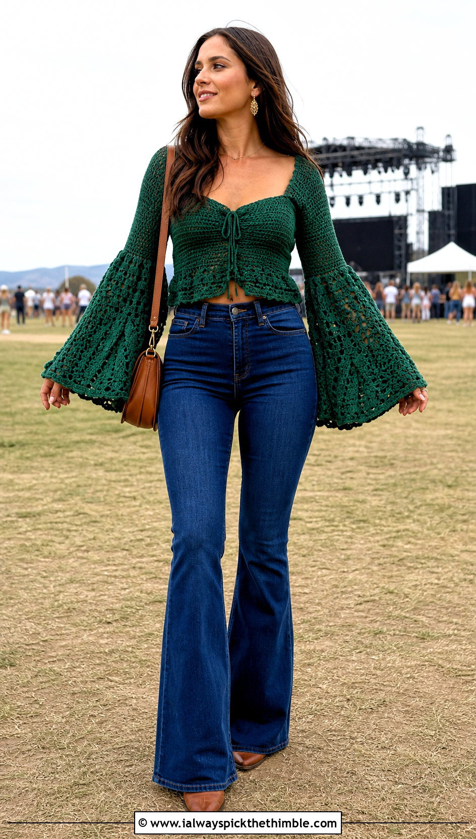 Bell Sleeve Milkmaid Crochet Top With Flared Jeans - 20 milkmaid crochet top outfit ideas